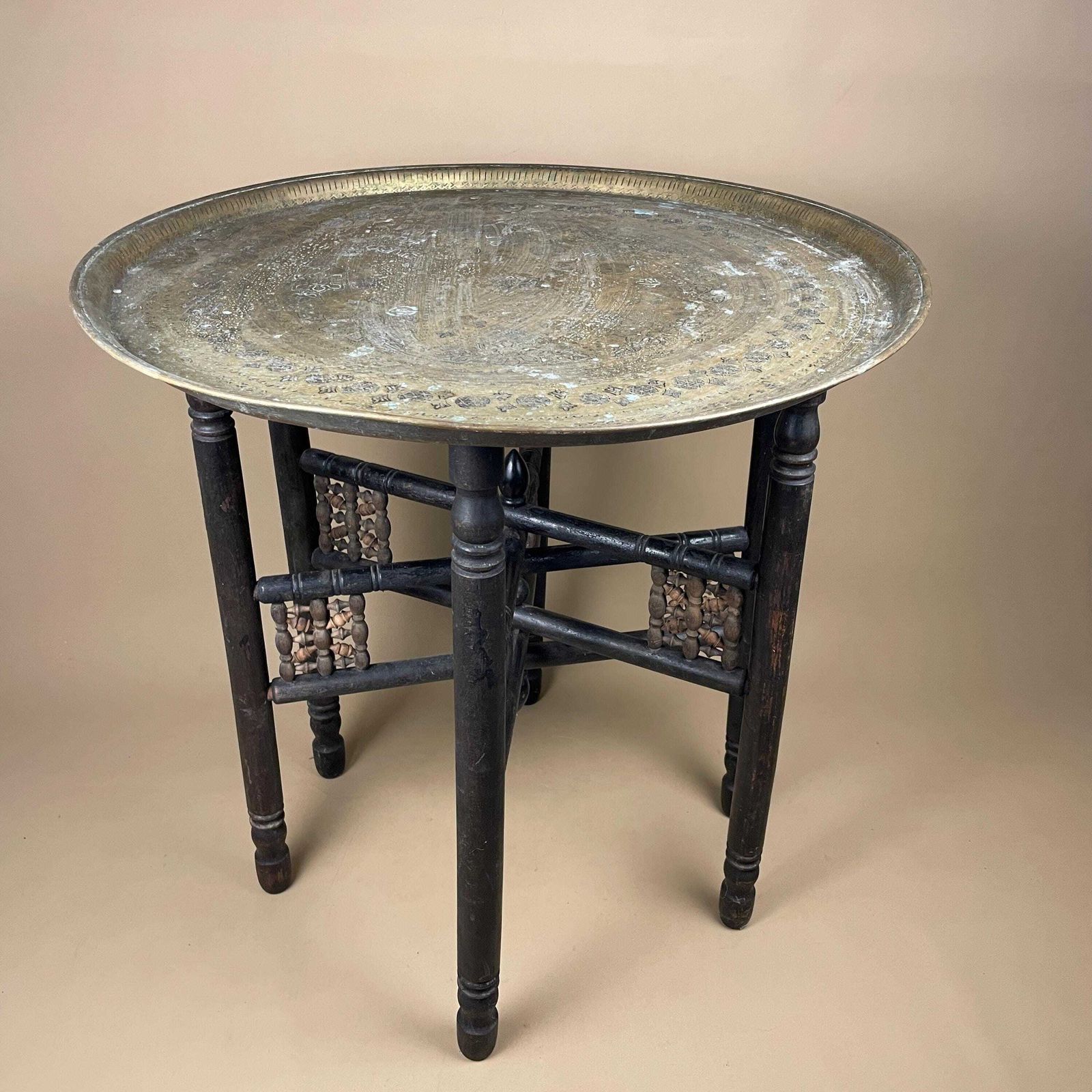 Indian Table Fold Down Wooden Legs Antique Brass Gold Metal Tray Circular Accent Intricate Decorative Patterned Round Coffee/End/Side Table