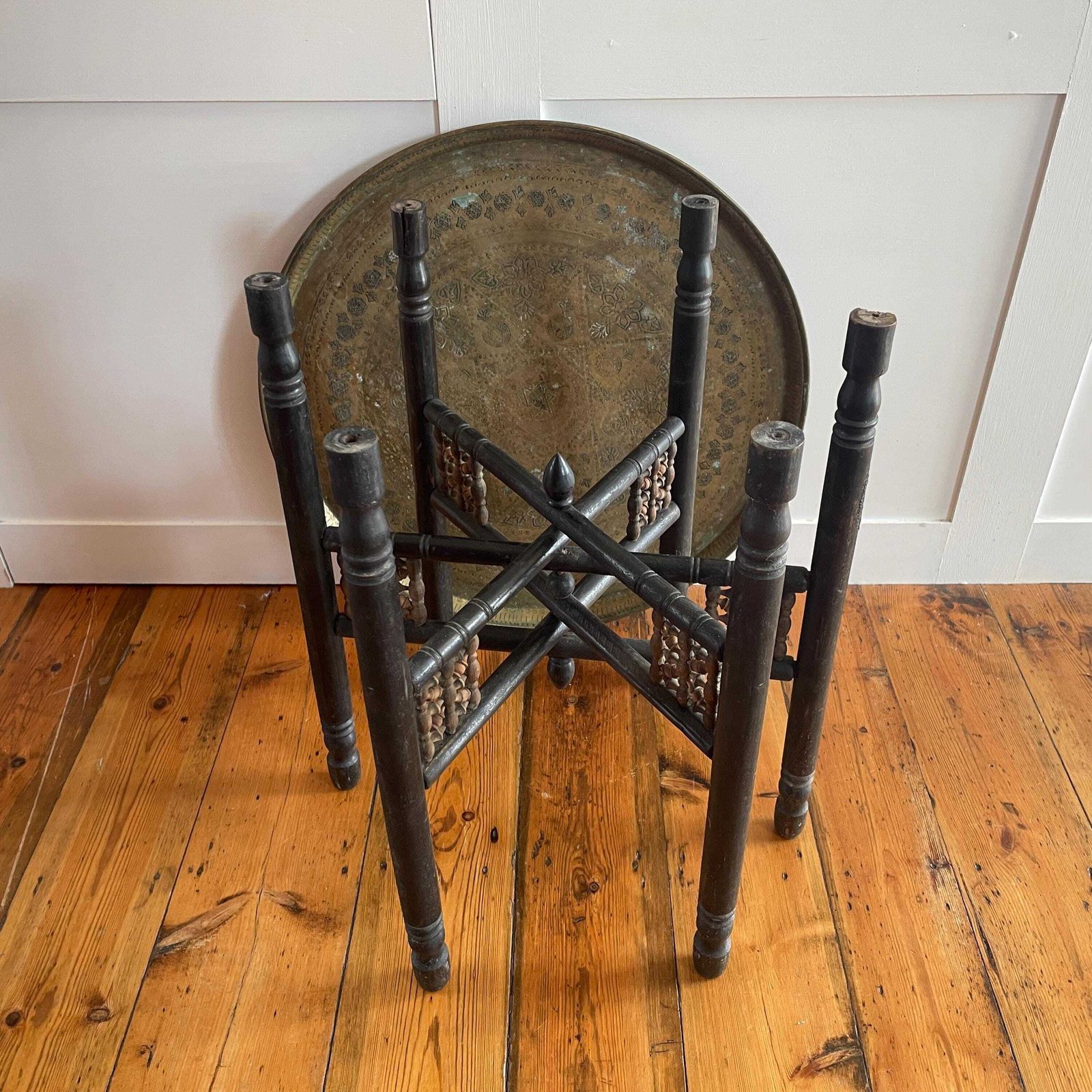 photo furniture Indian Table Fold Down Wooden Legs Antique Brass Gold Metal Tray Circular Accent Intricate Decorative Patterned Round Coffee/End/Side Table