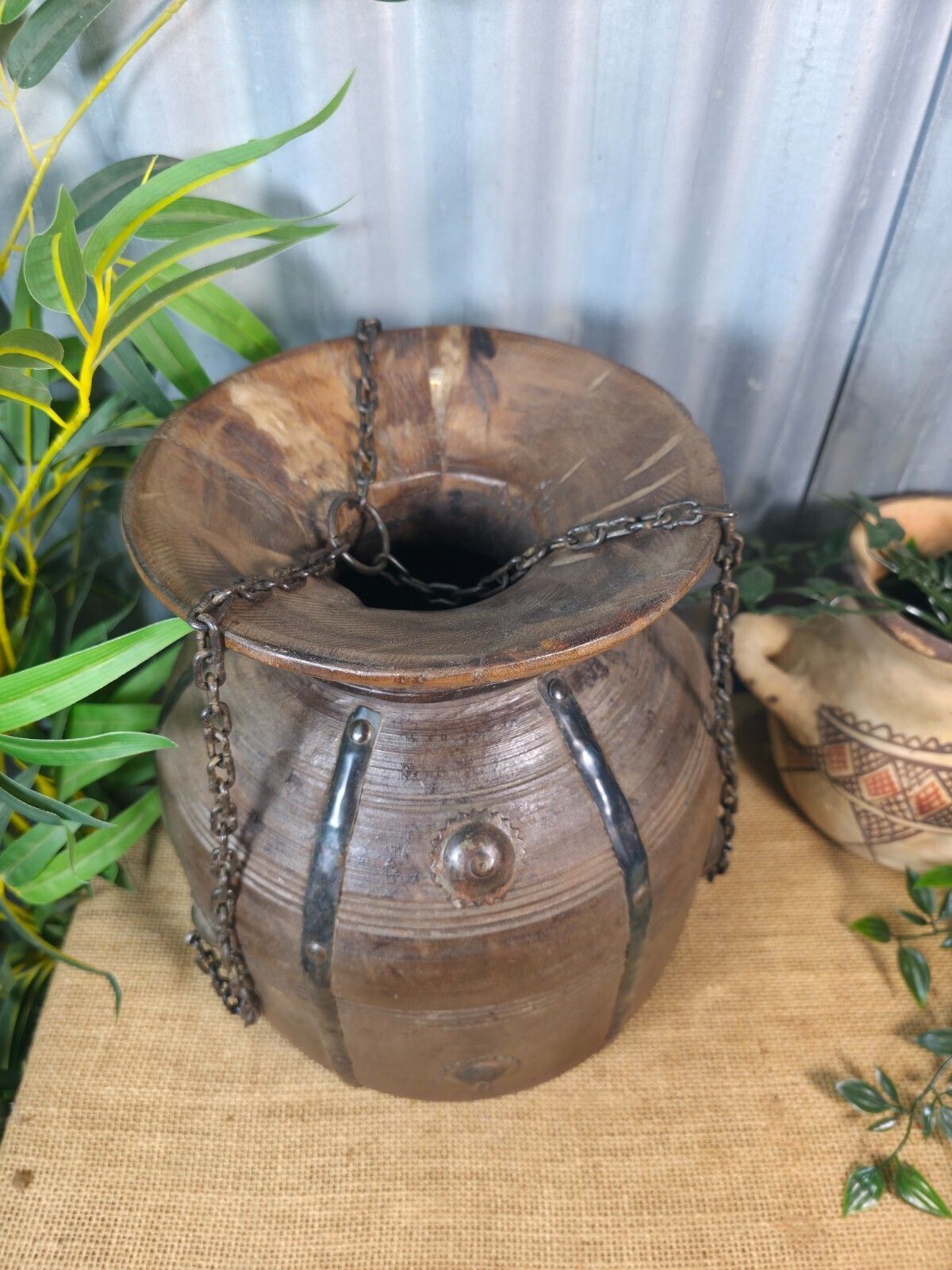 Vintage Antique Wabi Sabi Rustic Hanging Nepalese Wooden Water Curd Pot Vase photo 68.0