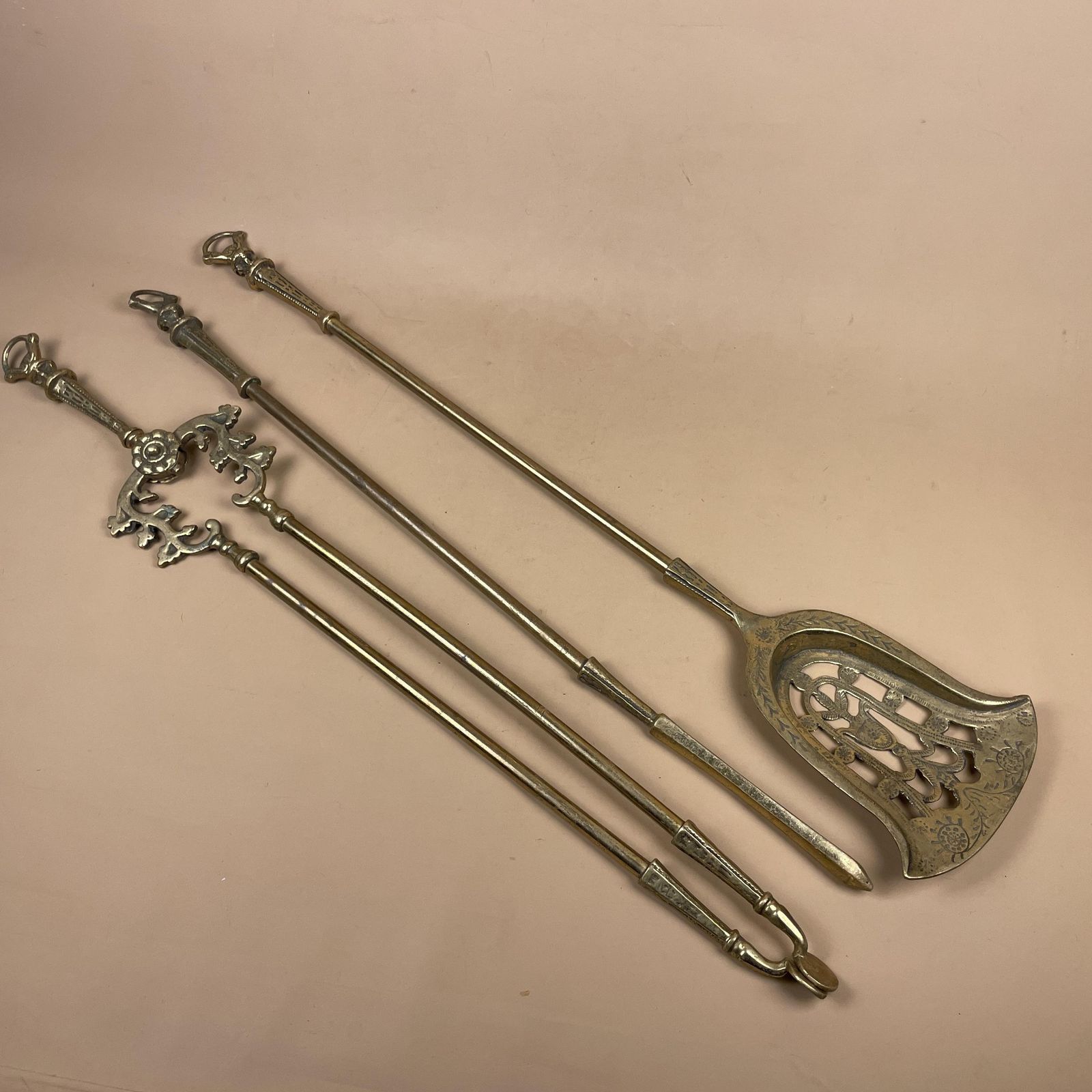 Vintage Brass Fireplace Tools Large Set Of 3 Hanging Heavy Fire Hearth Decor Gold Farmhouse Cottage Antique Style photo furniture