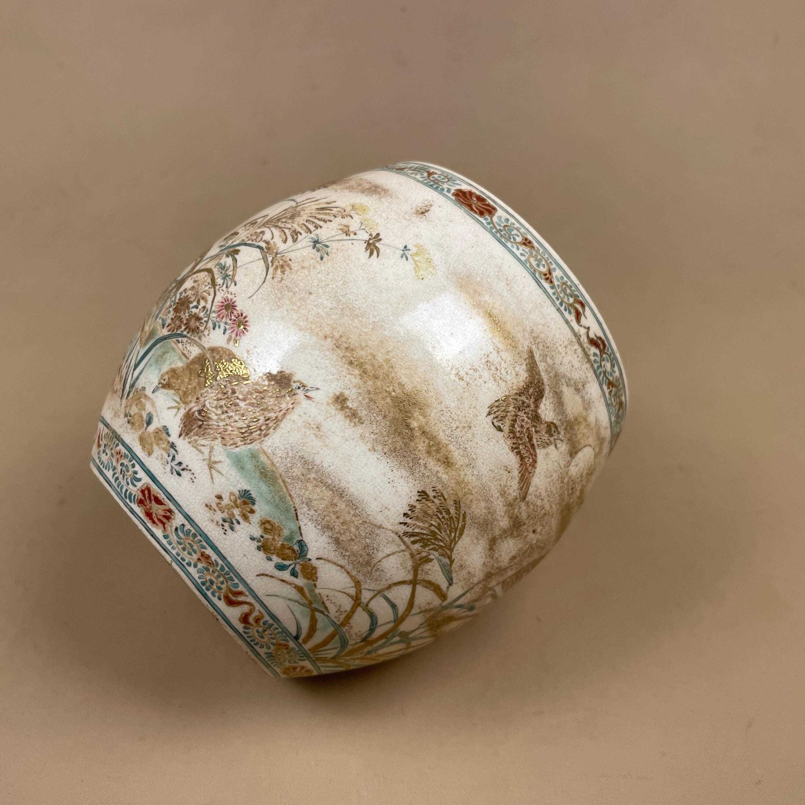 photo furniture Vintage Japanese Satsuma Vase Hand Painted Crackle Glaze Bird Floral Display Jar Oriental Asian Old Aged Decorative
