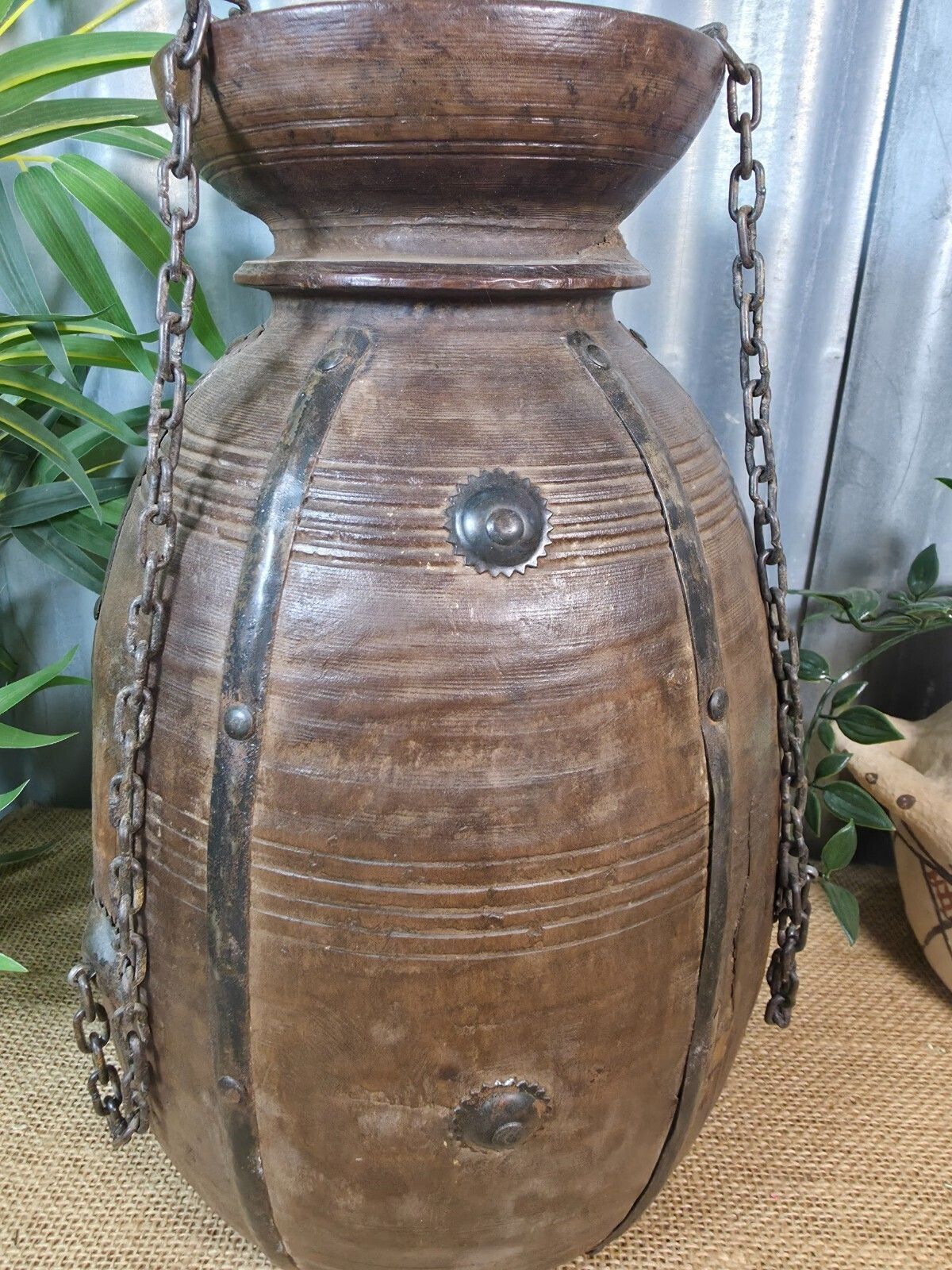 Vintage Antique Wabi Sabi Rustic Hanging Nepalese Wooden Water Curd Pot Vase photo Garden Decor