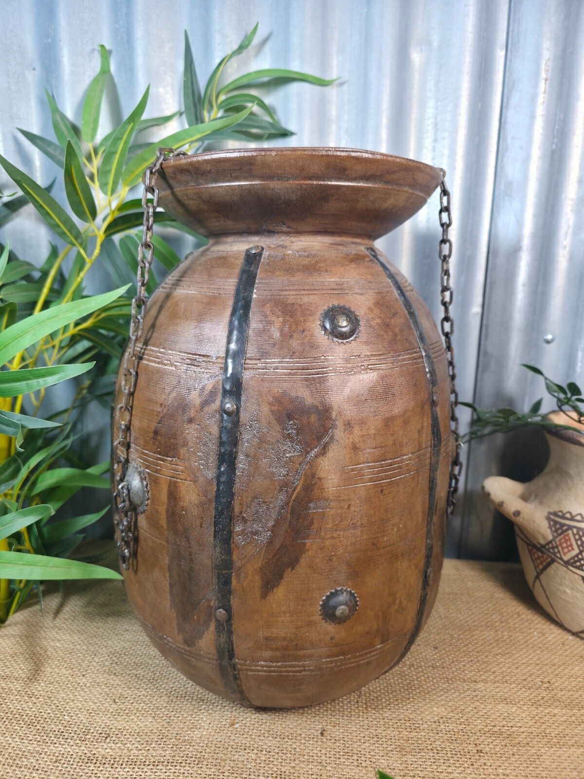 Vintage Antique Wabi Sabi Rustic Hanging Nepalese Wooden Water Curd Pot Vase photo for sale