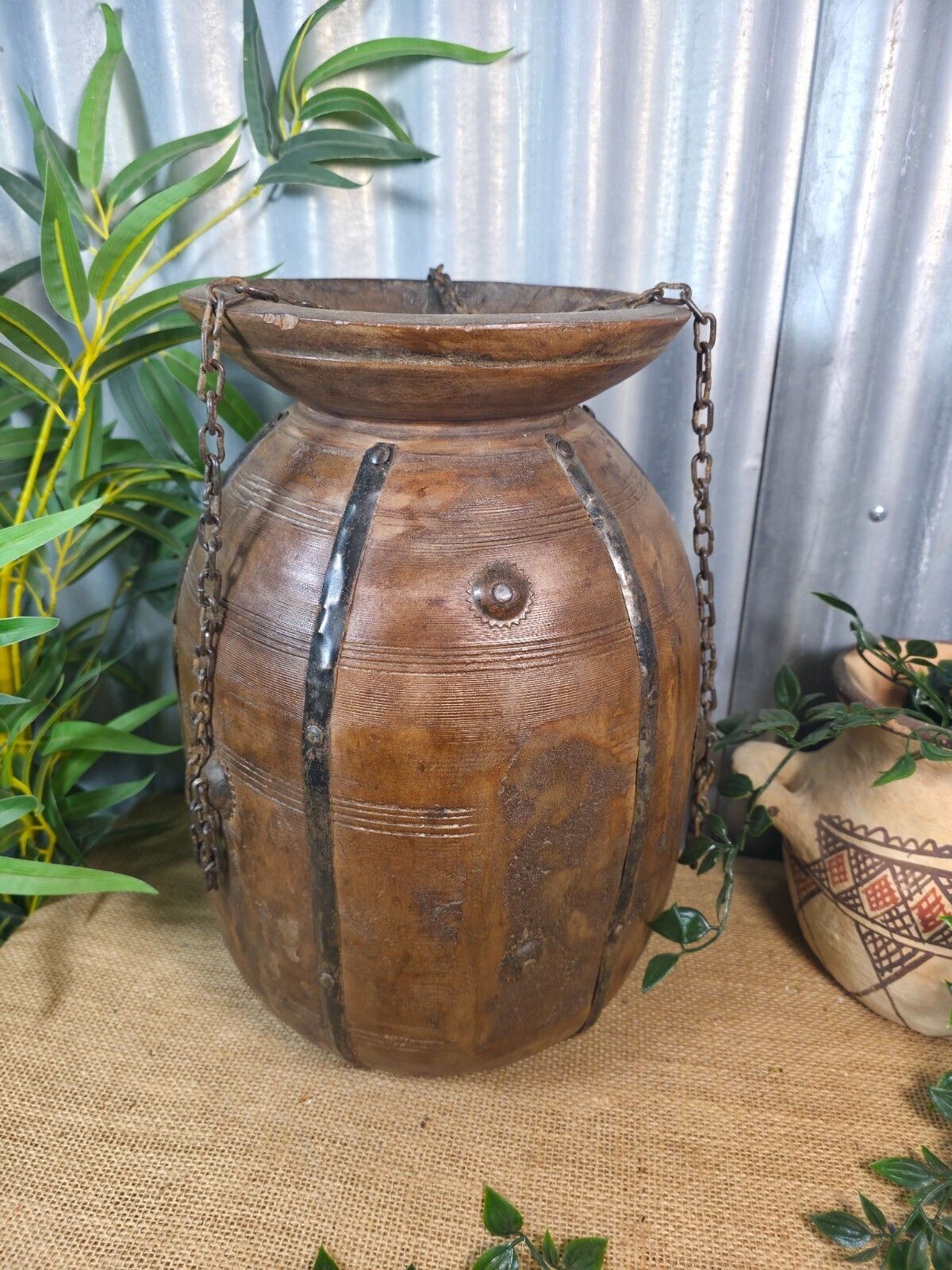 Vintage Antique Wabi Sabi Rustic Hanging Nepalese Wooden Water Curd Pot Vase photo 75.0