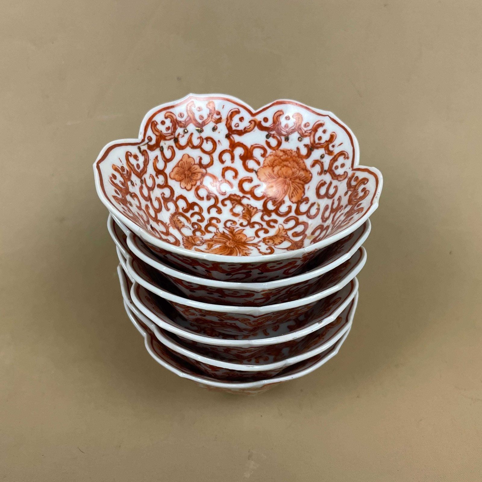 Vintage Japanese Porcelain Bowls Set Of 6 Hand Painted Red Scalloped Dishes Asian Tableware Small Serving Bowls Decorated In Hong Kong