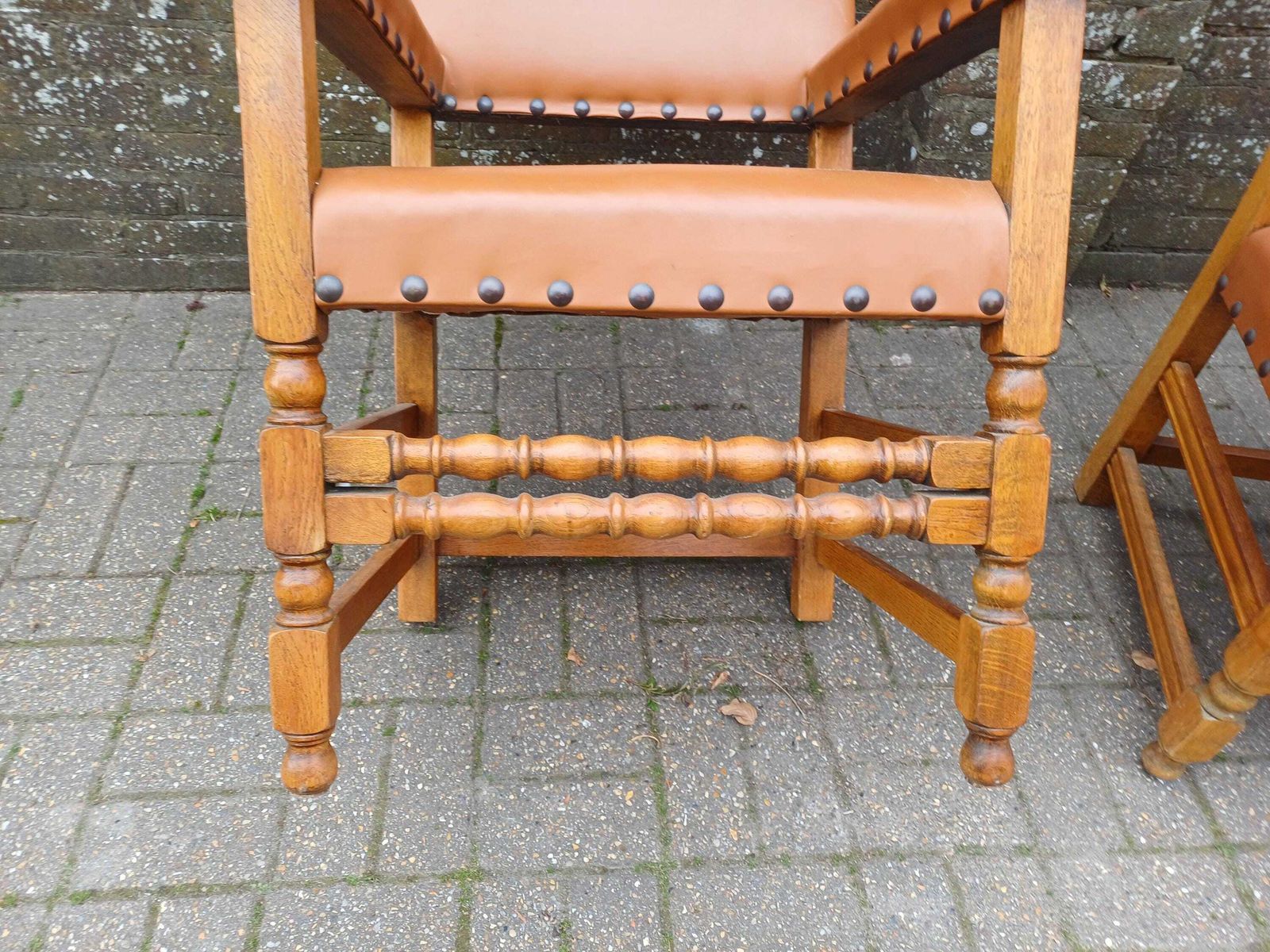 Pair Vintage Oak Carver Chairs Mid Century Dining Armchairs Studded Tan Vinyl Upholstery Post War Solid Wood Seats photo buy