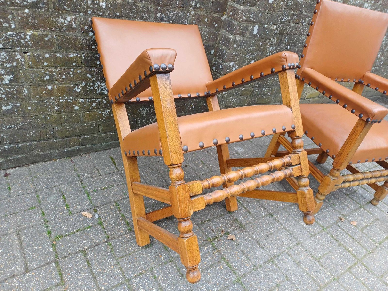 photo vintage Pair Vintage Oak Carver Chairs Mid Century Dining Armchairs Studded Tan Vinyl Upholstery Post War Solid Wood Seats
