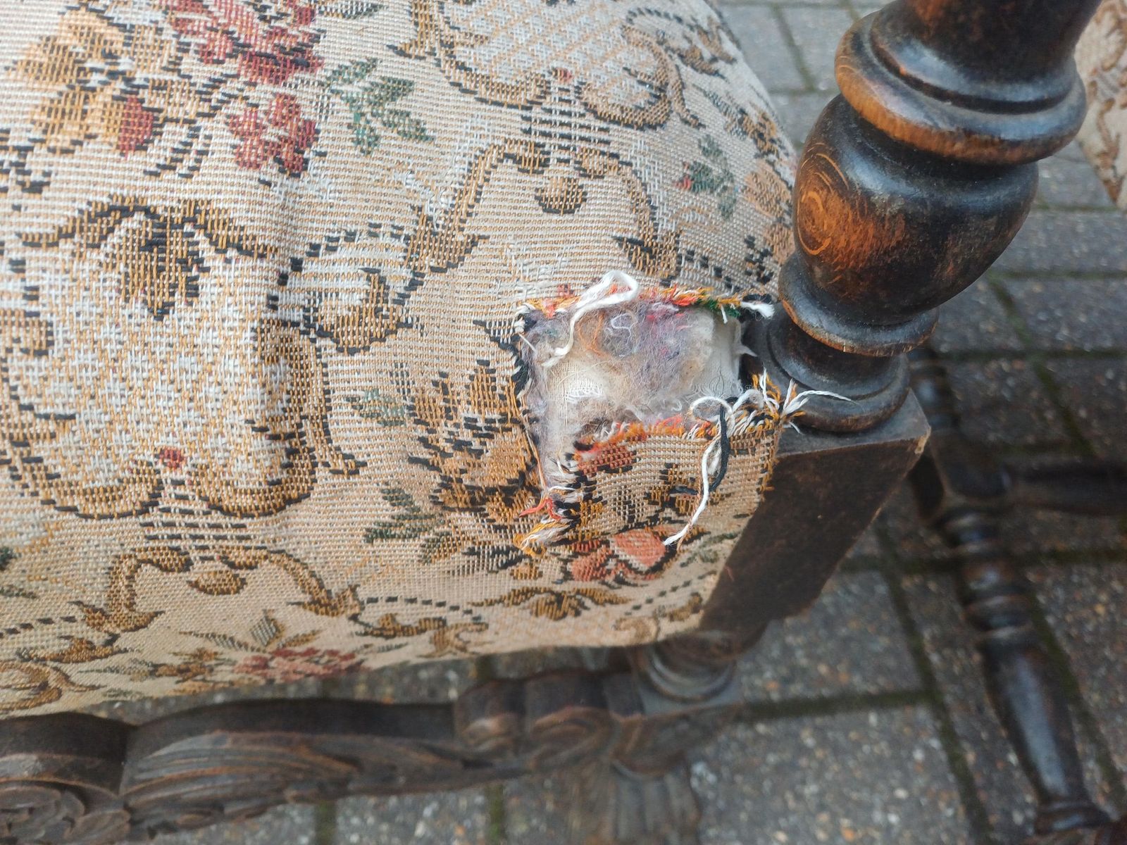 Massive Pair 1920s Antique Carver Chairs Vintage Carved Detail Floral Upholstery Original Fabric photo furniture