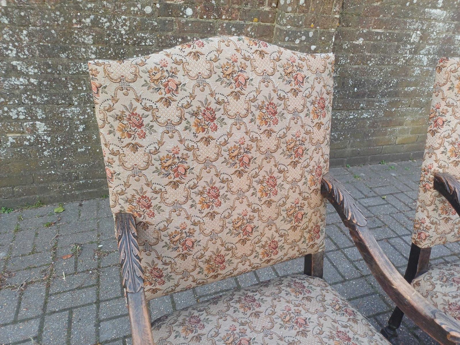 Massive Pair 1920s Antique Carver Chairs Vintage Carved Detail Floral Upholstery Original Fabric photo buy
