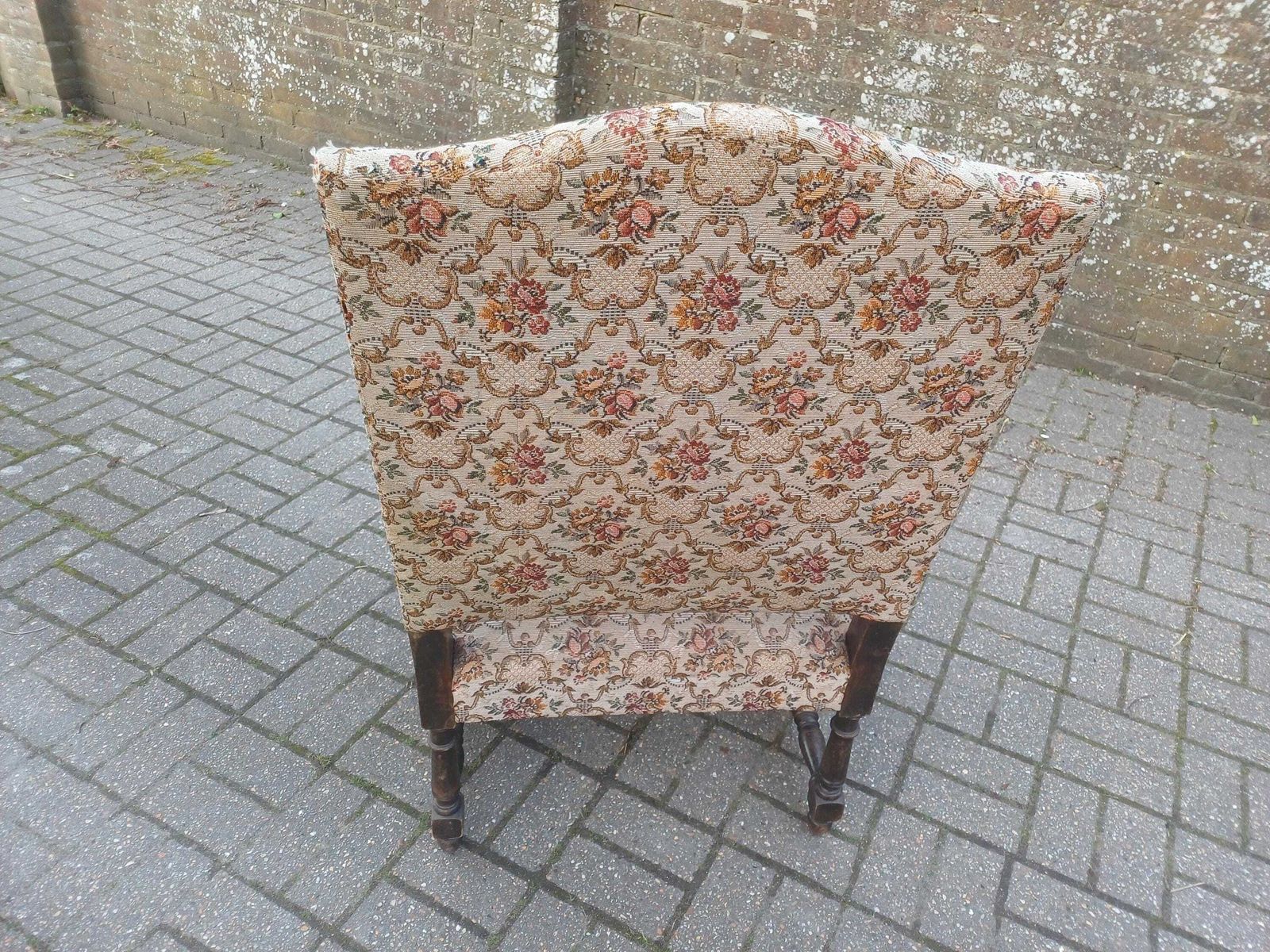 photo vintage Massive Pair 1920s Antique Carver Chairs Vintage Carved Detail Floral Upholstery Original Fabric