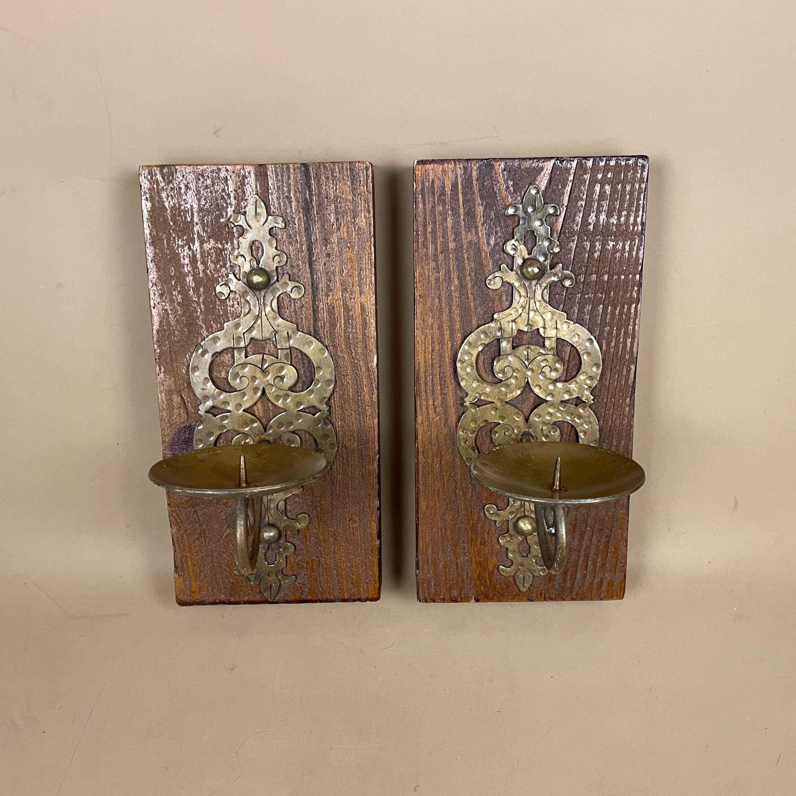 Pair Of 2 Gold Wall Brass Metal Candlestick Candle Stick Holders Ornate Vintage Dinner Candlesticks Patterned Holder Pattern Wood Wooden