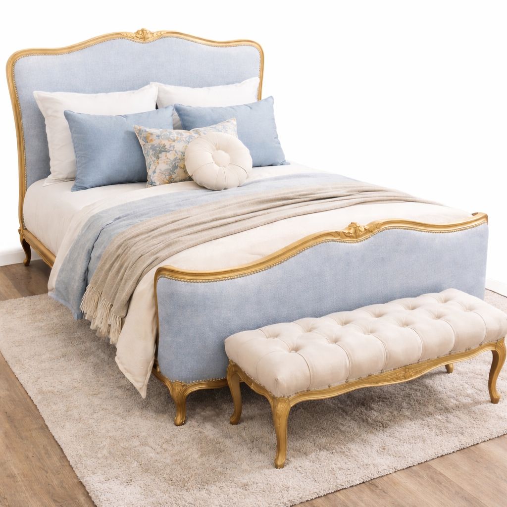 Vintage Upholstered Blue Velvet French Bed photo furniture