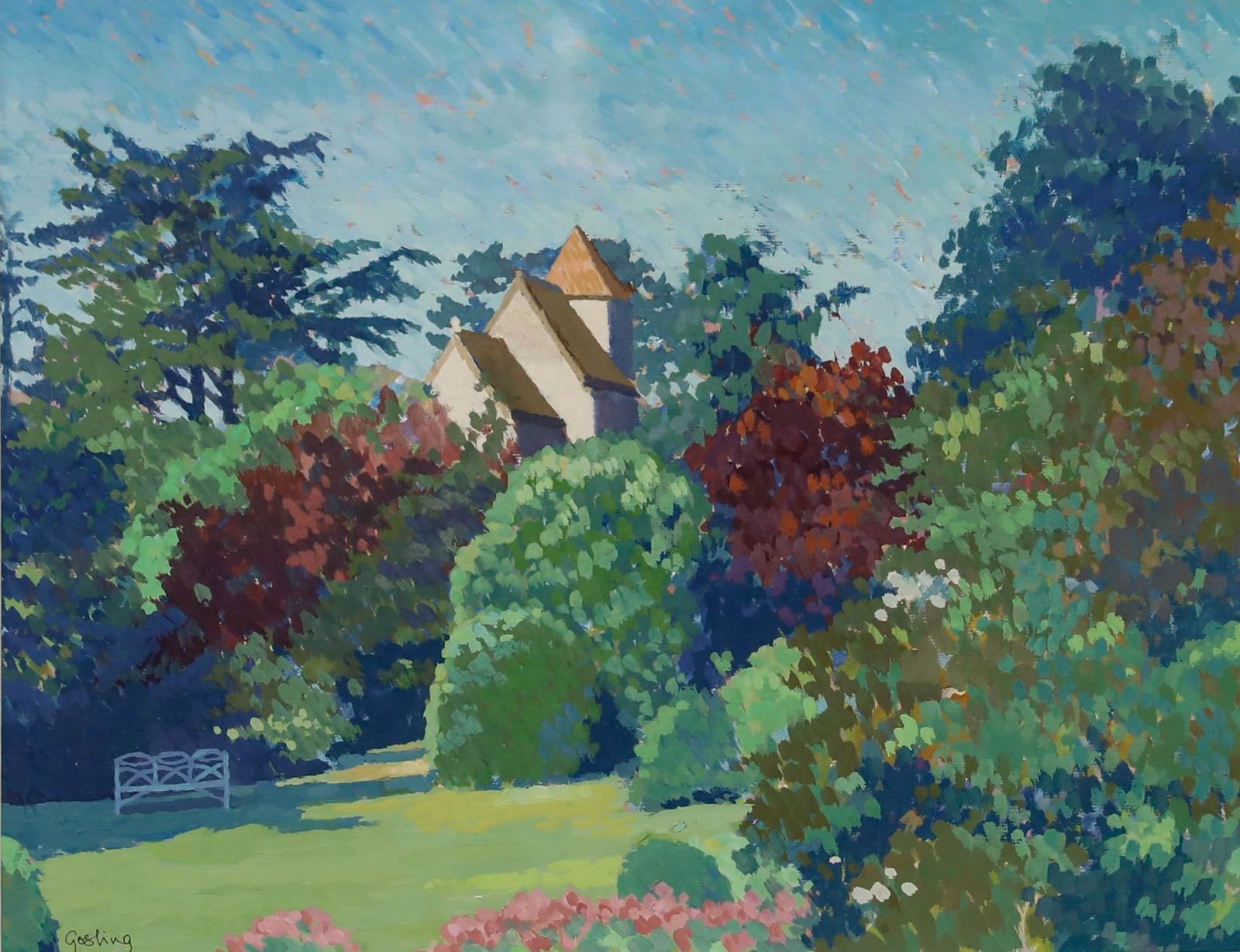 Annabel Gosling (B.1942) Impressionist Contemporary Gouache, Garden In Summer photo furniture