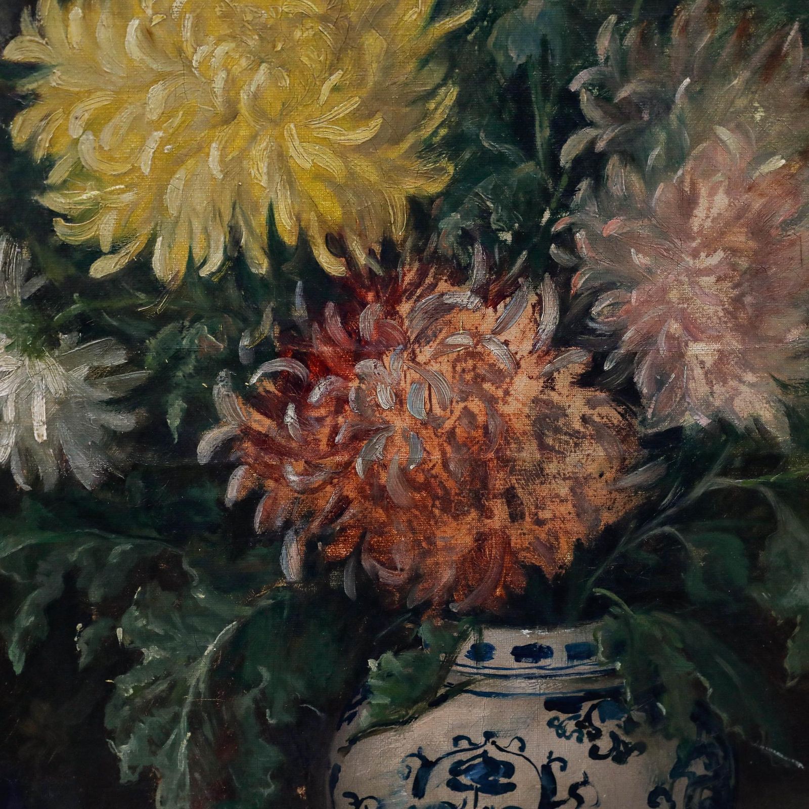 Jules Félix Ragot (1835 1912)  Framed Oil, Chrysanthemums In A Blue & White Vase photo 595.0