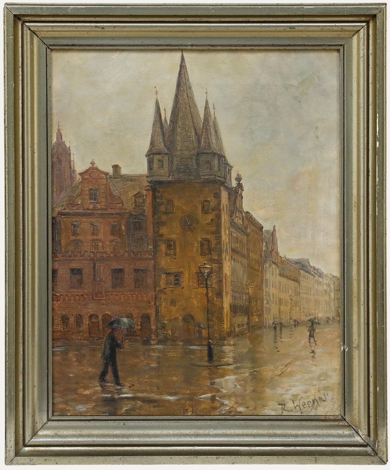Framed Mid 20th Century Oil A Rainy Day In Frankfurt