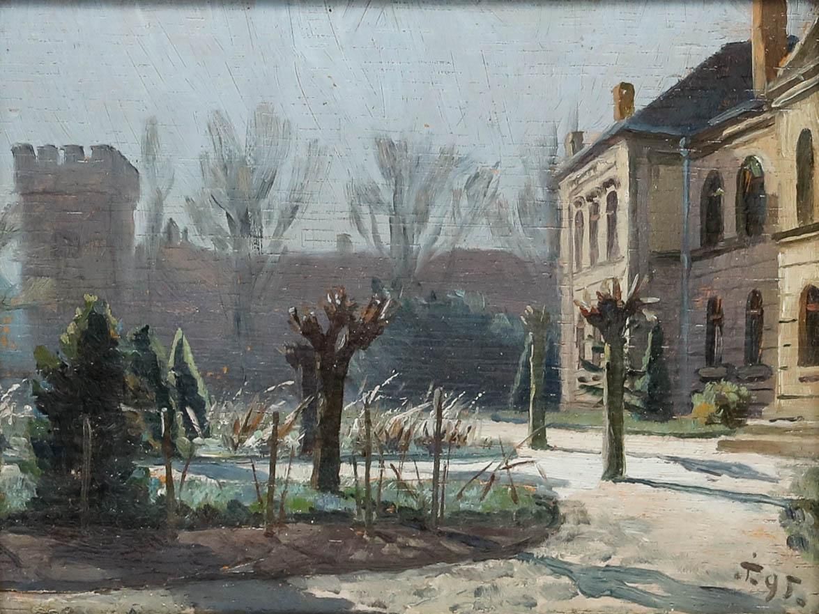 Framed Late 19th Century Oil Court Garden In Winter photo furniture
