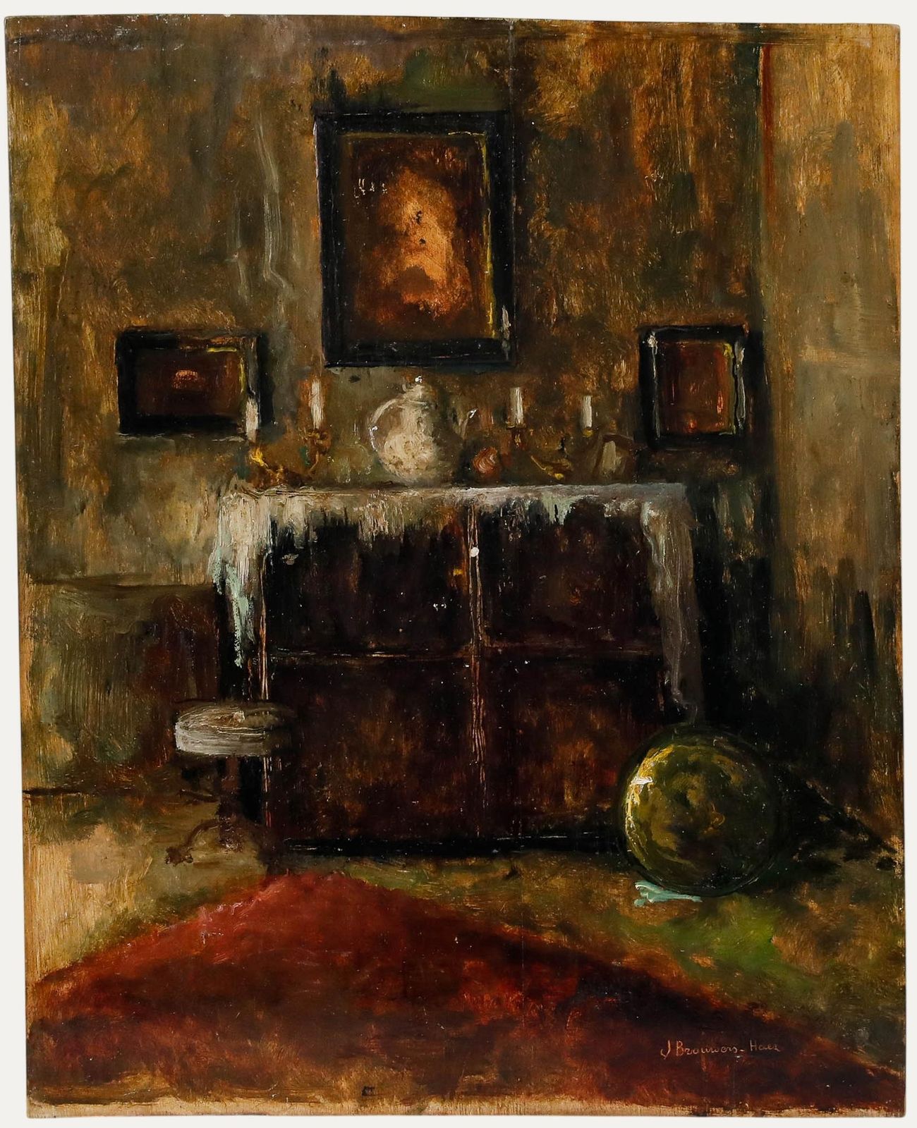 Jules Brouwers (1869 1955) Mid 20th Century Oil, The Dressed Cabinet