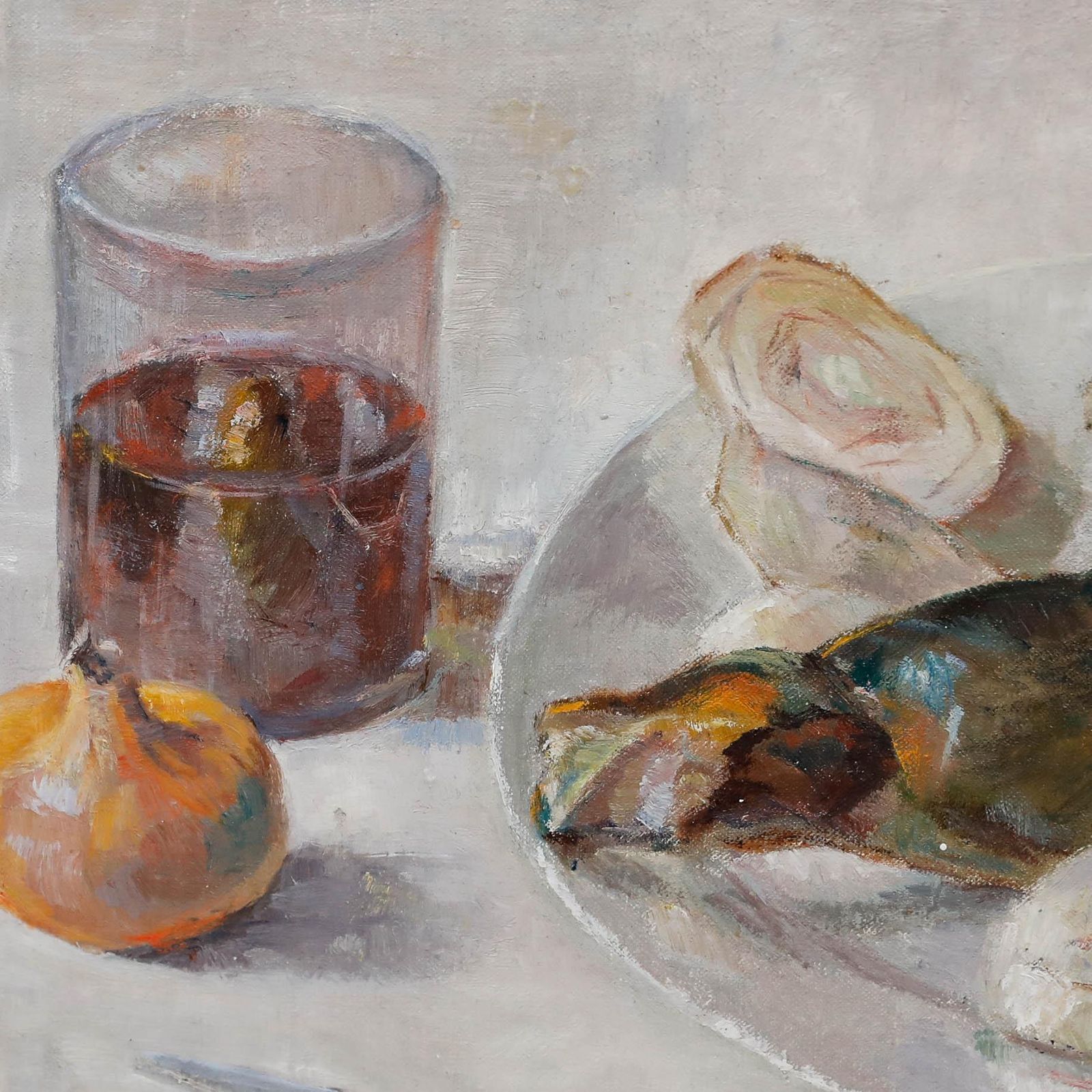 Framed Contemporary Oil Still Life Of Cooked Fish photo 450.0