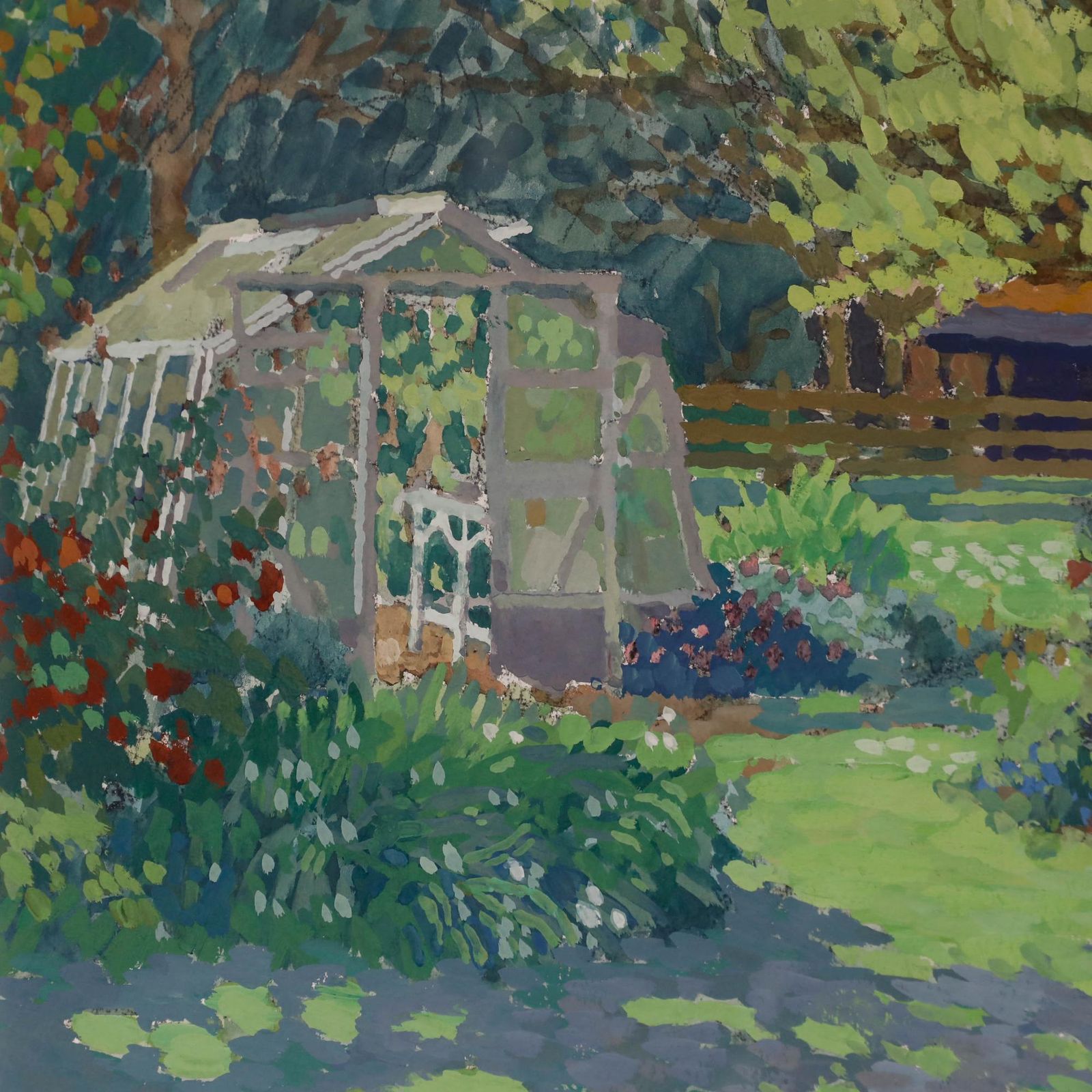 Annabel Gosling (B.1942) Contemporary Gouache, Greenhouse In Summer photo Art