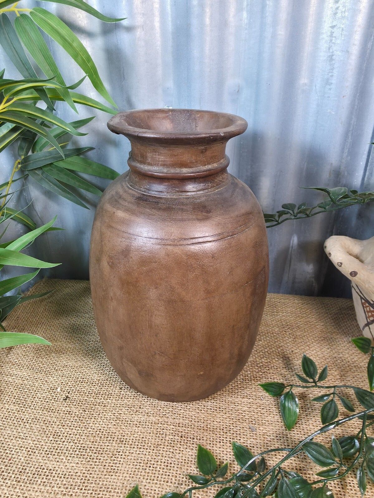 Vintage Antique Wabi Sabi Rustic Nepalese Turned Wooden Milk Water Curd Pot Vase photo for sale