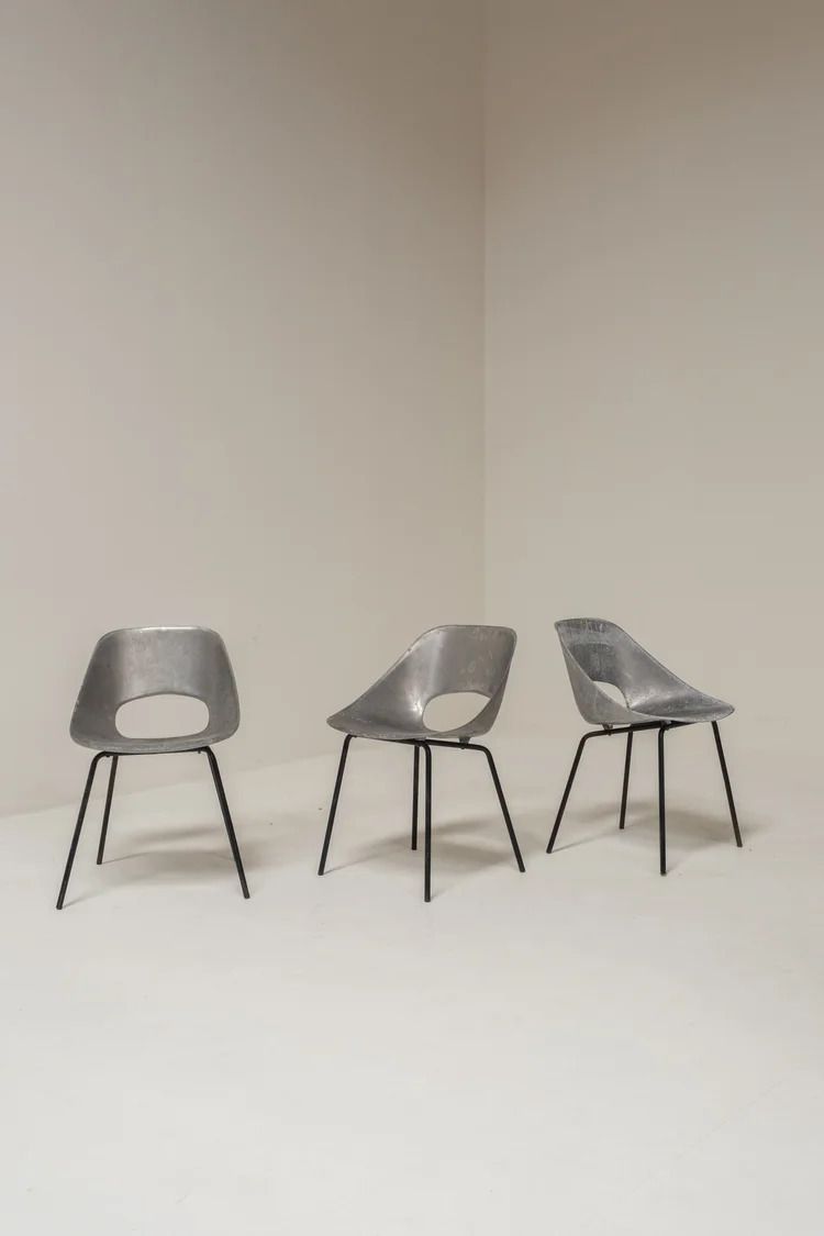 Set Of 3 Aluminum Tonneau Chairs By Pierre Guariche For Steiner, 1950s
