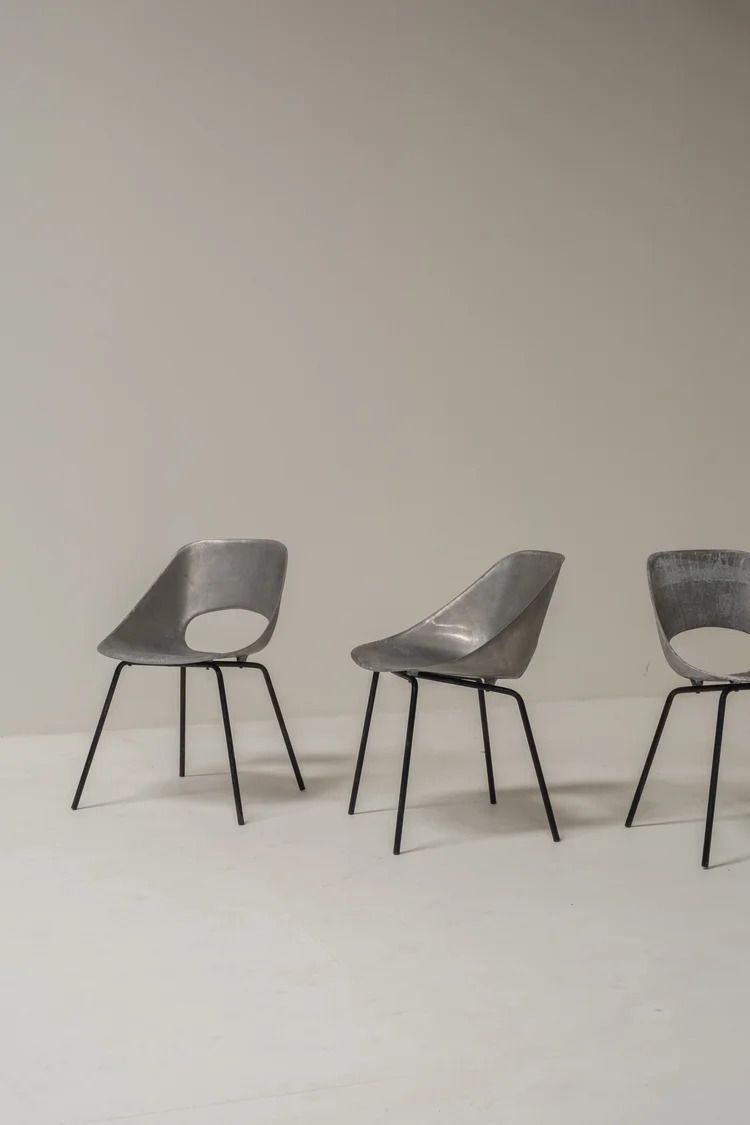 Set Of 3 Aluminum Tonneau Chairs By Pierre Guariche For Steiner, 1950s photo Furniture