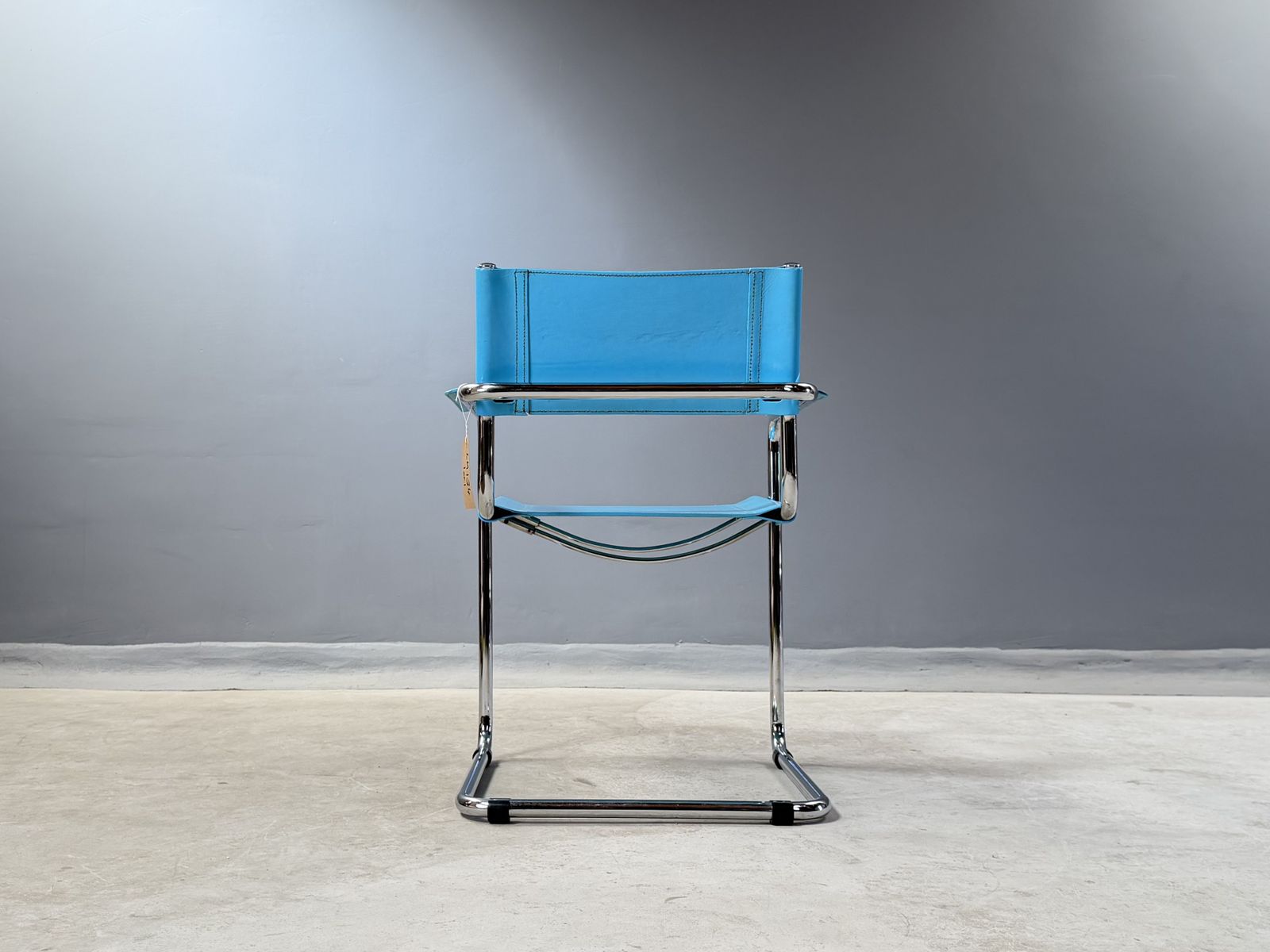 photo for sale Matteo Grassi Leather Cantilever Chair – Bauhaus Italy – Sky Blue Refinished Mart Stam Marcel Breuer Dining Chair