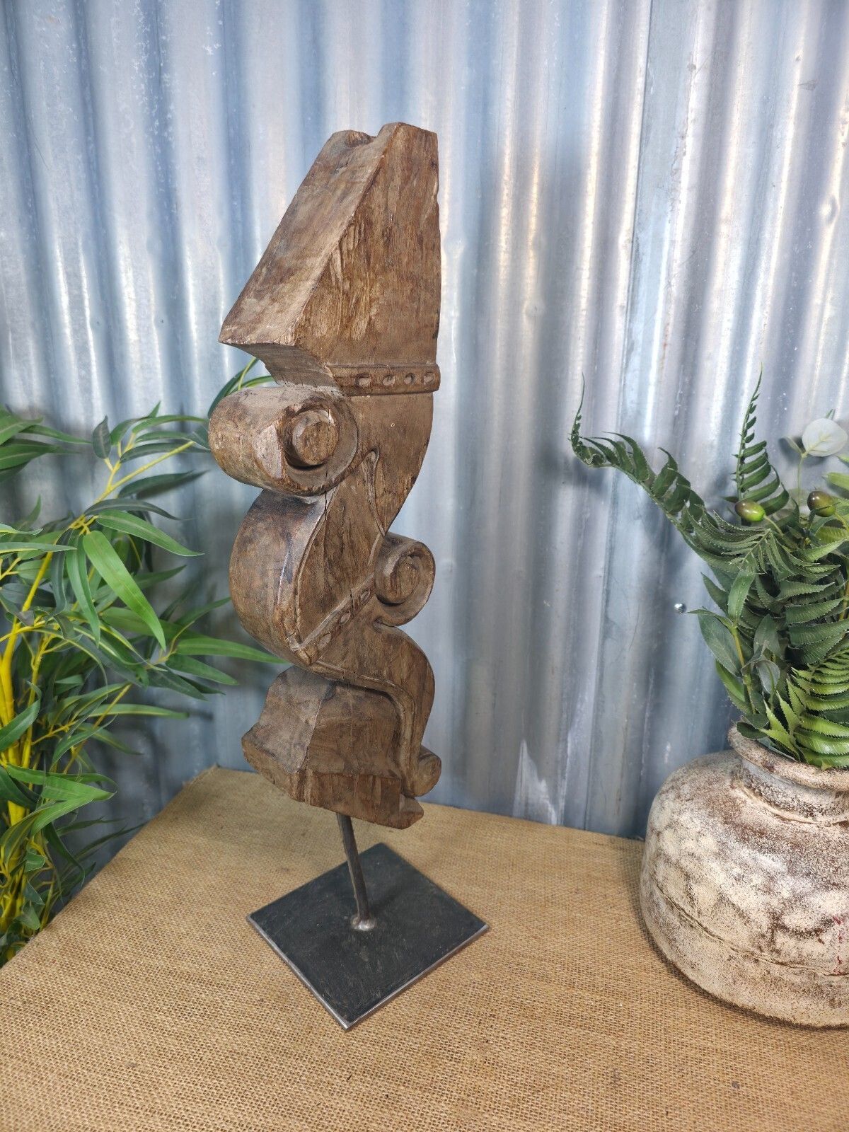 Antique 19th Century Indian Hand Carved Wooden Architectural Corbel On Stand photo vintage