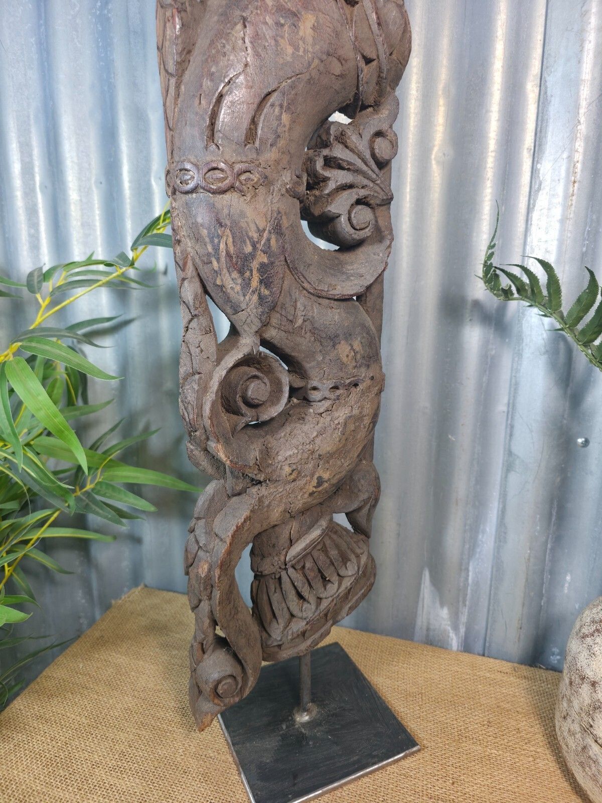 Antique 19th Century Indian Hand Carved Wooden Architectural Corbel On Stand photo for sale