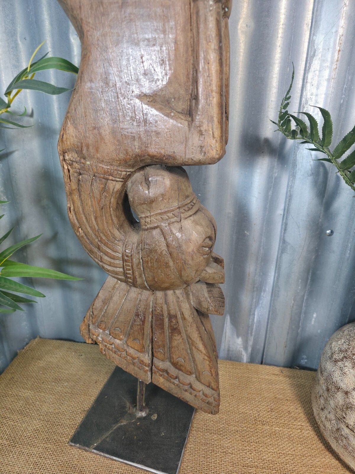 Antique 19th Century Indian Hand Carved Wooden Architectural Corbel On Stand photo vintage