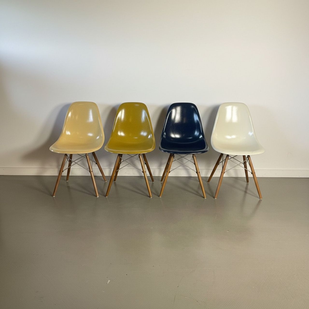 Eames Herman Miller Dsw Side Chairs In Parchment, Navy Blue, Light Olive And Light Ochre With Slight Imperfections