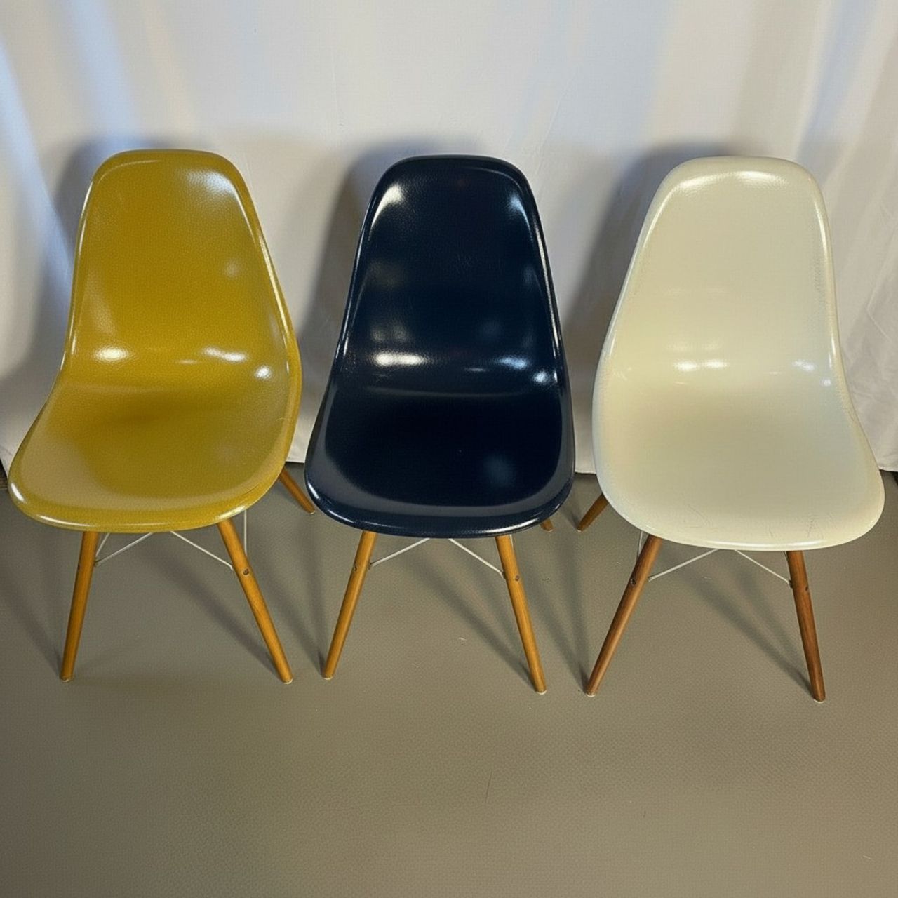 Eames Herman Miller Dsw Side Chairs In Parchment, Navy Blue, Light Olive And Light Ochre With Slight Imperfections photo for sale