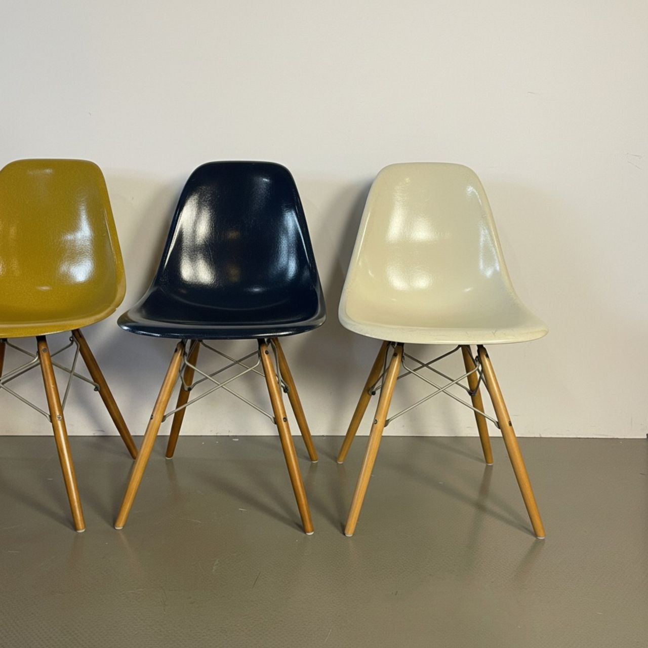 Eames Herman Miller Dsw Side Chairs In Parchment, Navy Blue, Light Olive And Light Ochre With Slight Imperfections photo 1559.0