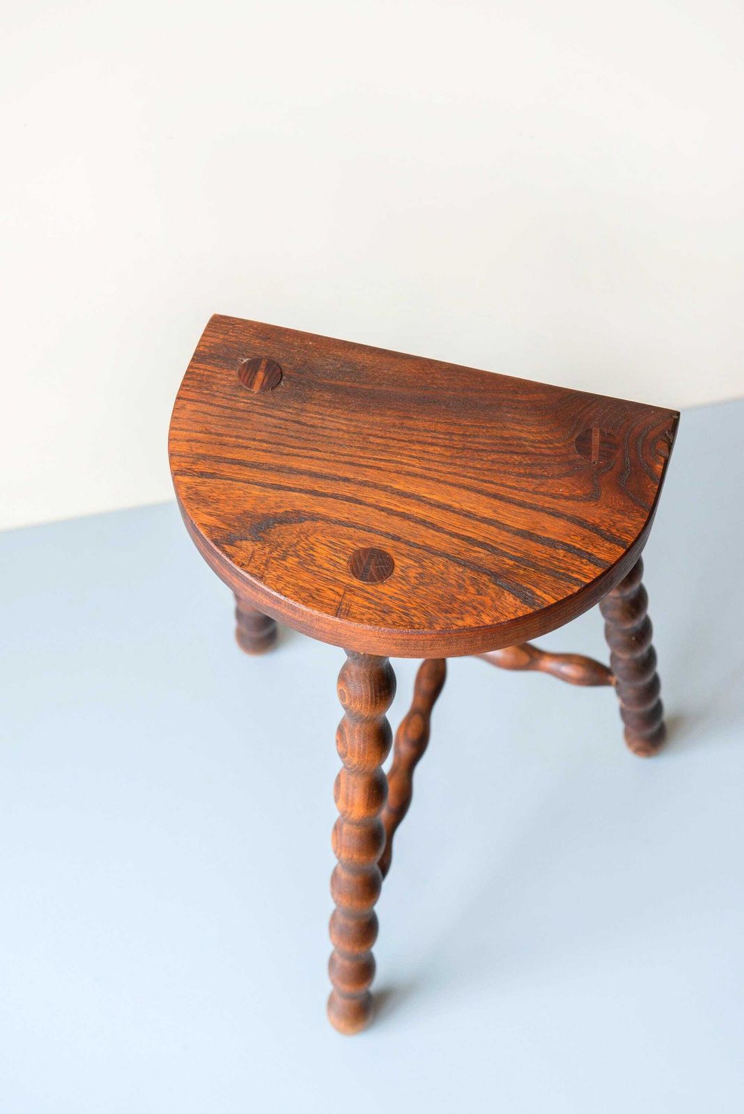 photo for sale Vintage Wooden Milking Stool With Turned Bobbin Legs – Rustic Farmhouse Plant Stand