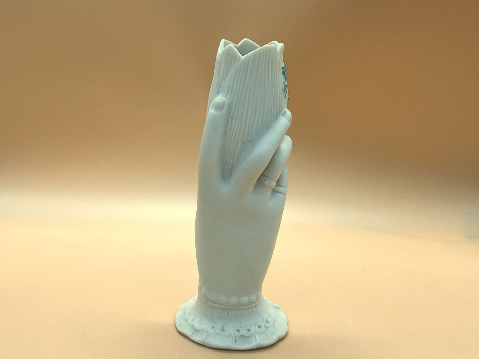 Victorian Parian Ware Hand Holding Floral Bud / Posy Vase With Lace Cuff. Forget Me Nots. C1850. photo for sale