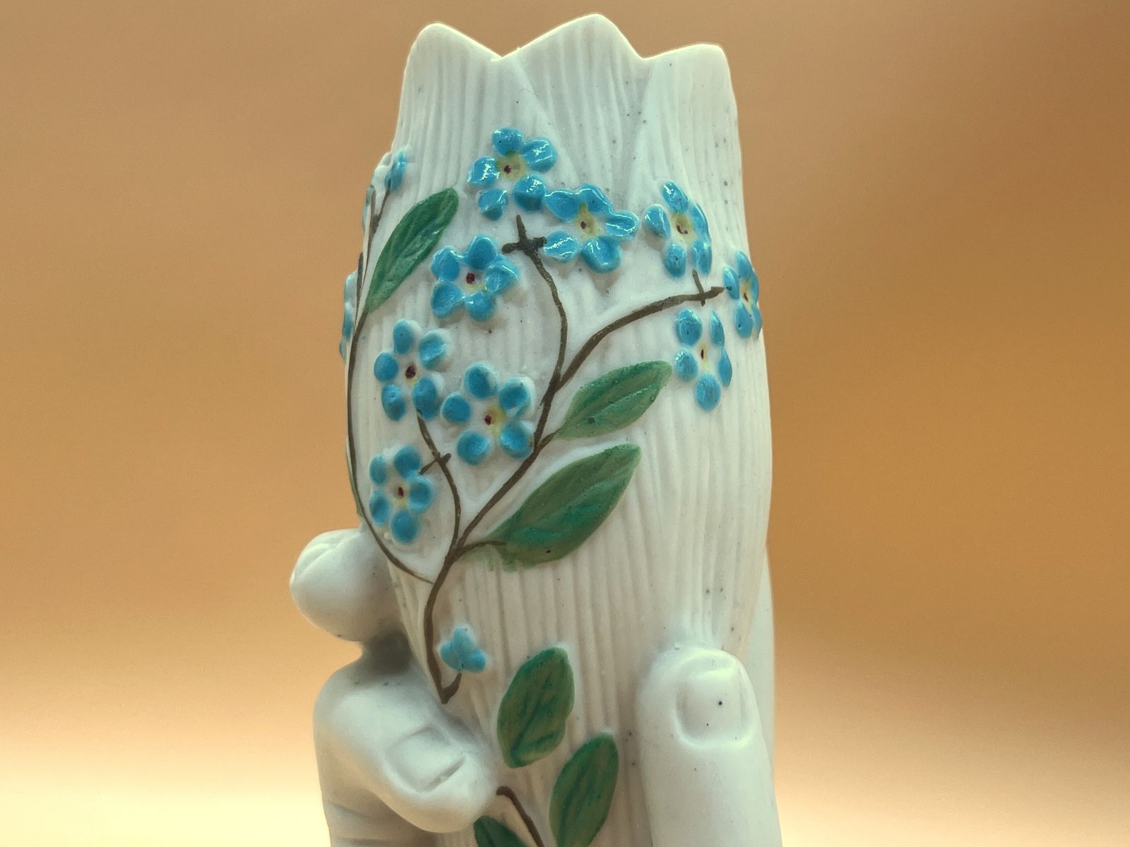 Victorian Parian Ware Hand Holding Floral Bud / Posy Vase With Lace Cuff. Forget Me Nots. C1850. photo vintage