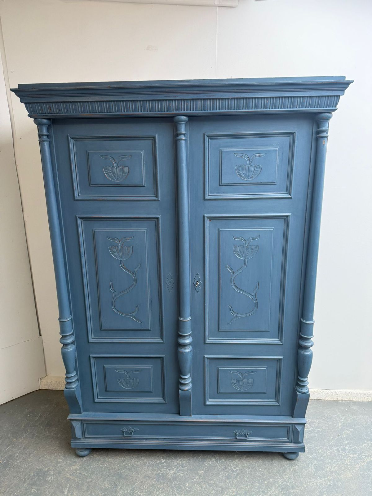 An Impressive Carved Painted Blue Victorian Original Hungarian Hall Wardrobe photo for sale