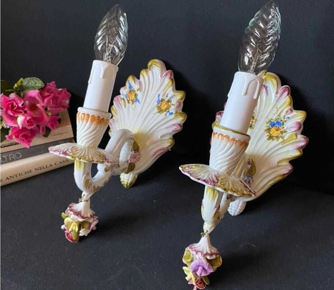 Duty Free USA. Pair Of Antique Ceramic Sconces From Italy