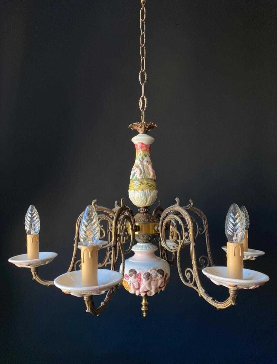 Lustre d'époque en céramique et laiton, détaxé pour les États-Unis