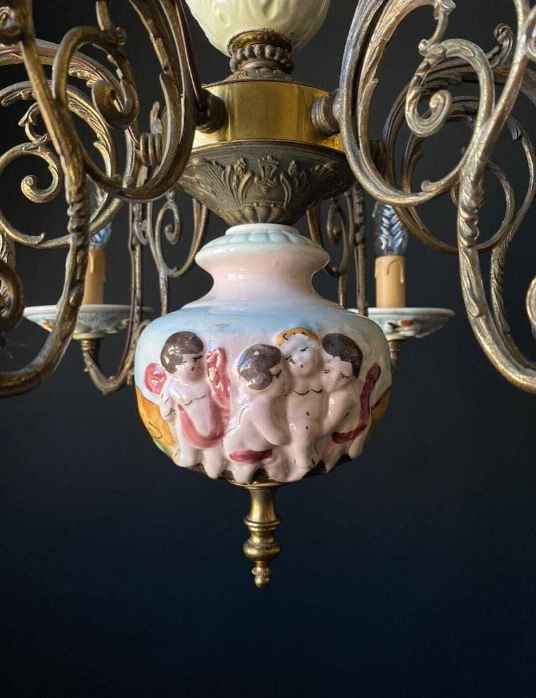 Duty Free For USA. Antique Ceramic And Brass Chandelie photo vintage