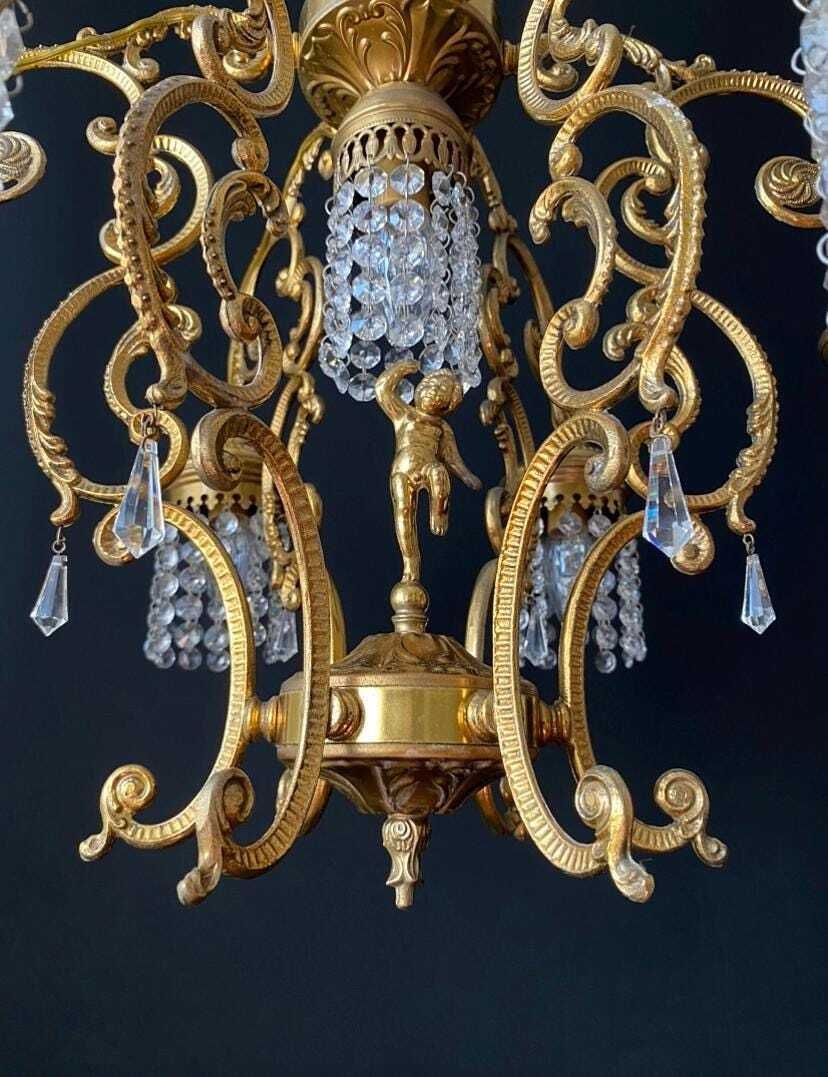 Lustre d'époque doré et cristal, sans droits de douane pour les États-Unis photo vinterior