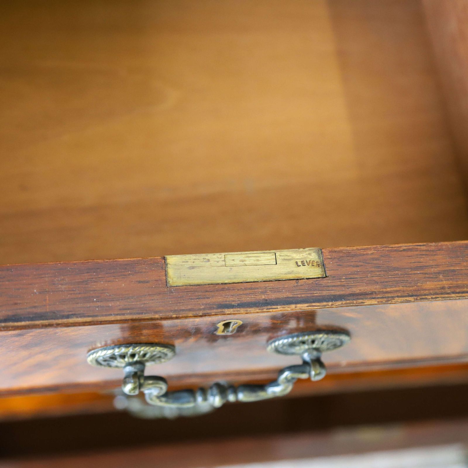 photo buy English 1930s Flame Fronted Mahogany Bureau With Warm Colour & Character