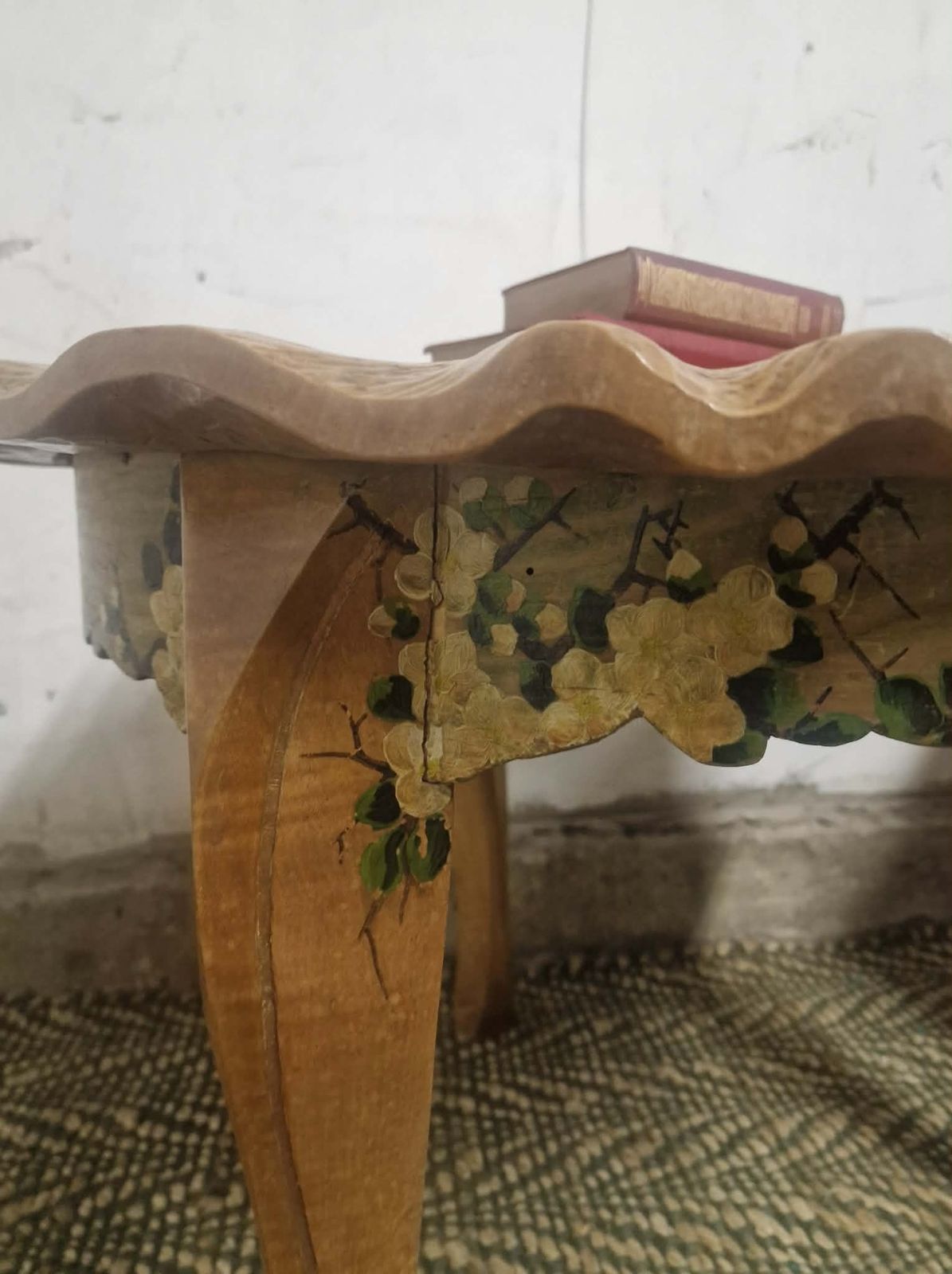 1930s Solid Hand Chiselled Burr Wood Occasional Table, Tortoiseshell Top, Painted Folk Art, Signed 1933 photo furniture