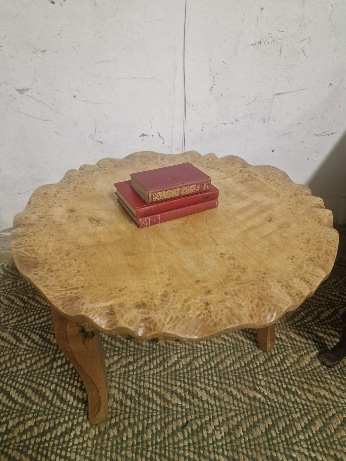 1930s Solid Hand Chiselled Burr Wood Occasional Table, Tortoiseshell Top, Painted Folk Art, Signed 1933 photo 495.0