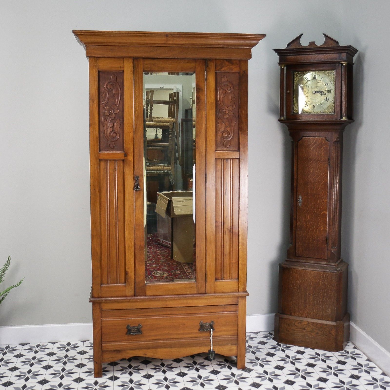 Edwardian Walnut And Carved Mahogany Wardrobe With Bevel Edged Mirrors & Drawer photo for sale