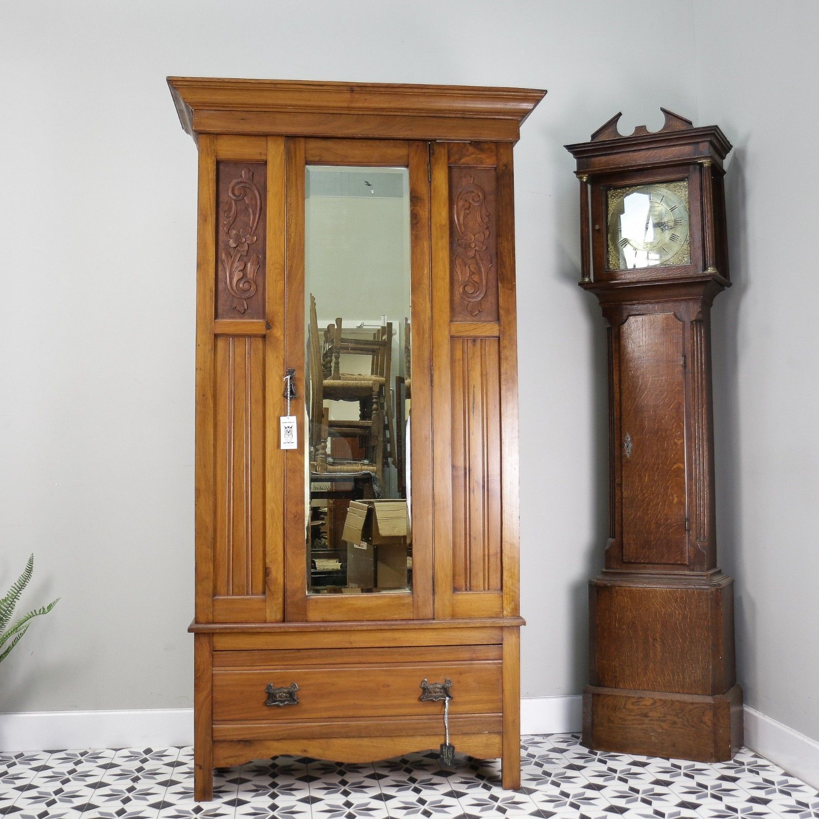 Edwardian Walnut And Carved Mahogany Wardrobe With Bevel Edged Mirrors & Drawer photo vinterior