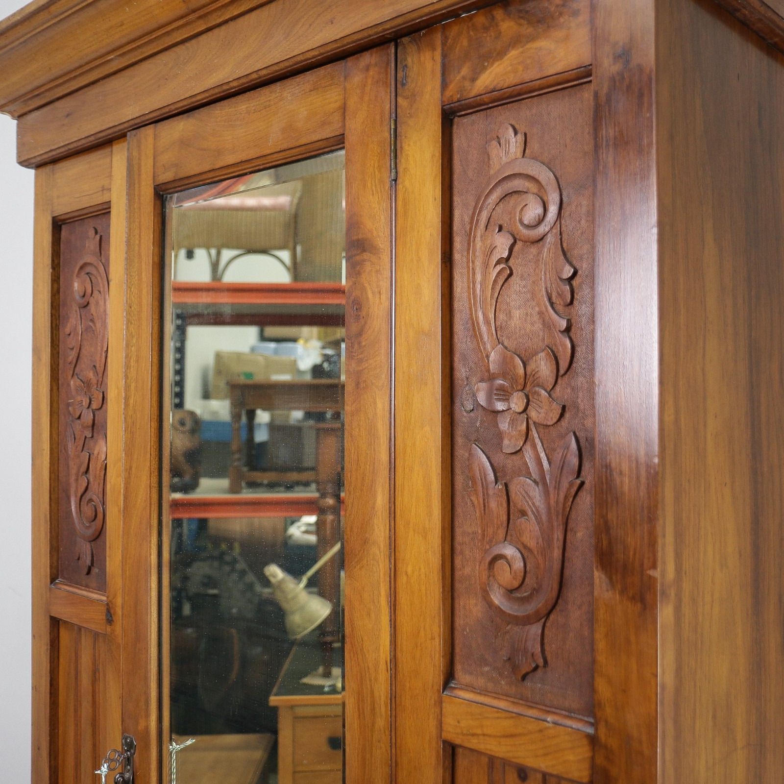 photo buy Edwardian Walnut And Carved Mahogany Wardrobe With Bevel Edged Mirrors & Drawer