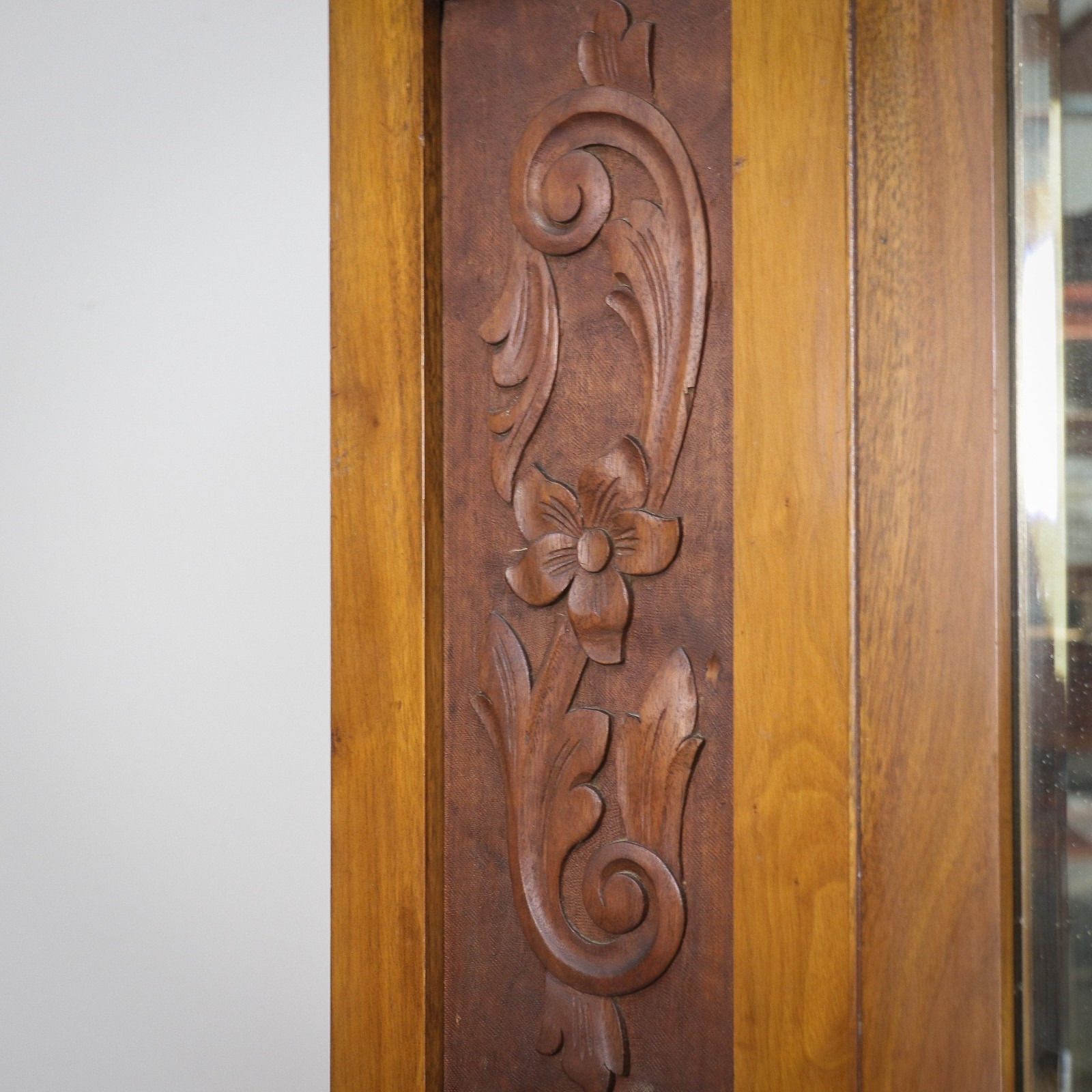 photo vintage Edwardian Walnut And Carved Mahogany Wardrobe With Bevel Edged Mirrors & Drawer