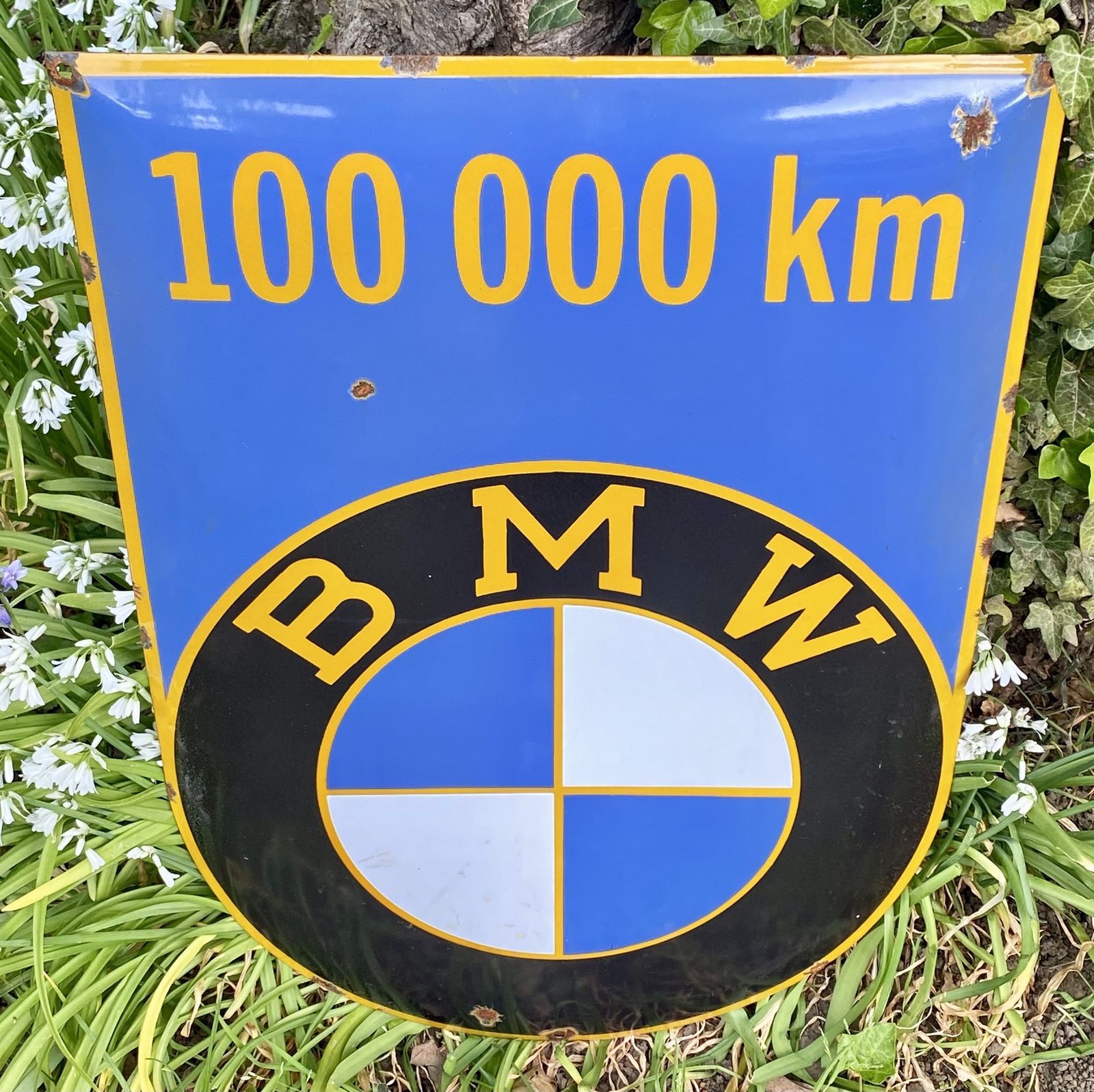 Rare Large Enamel Metal Bmw 100,000 Km High Mileage Award Sign Dealer Dealership Garage Workshop Classic Car Auto Club