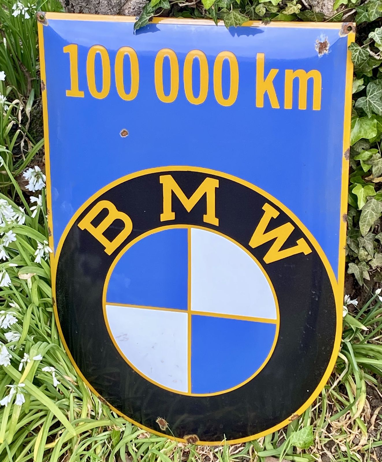 Rare Large Enamel Metal Bmw 100,000 Km High Mileage Award Sign Dealer Dealership Garage Workshop Classic Car Auto Club photo furniture